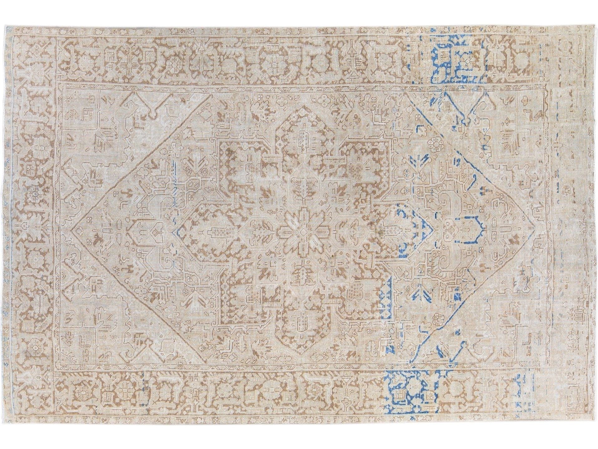 Antique Persian Heriz Beige Handmade Medallion Designed Wool Rug