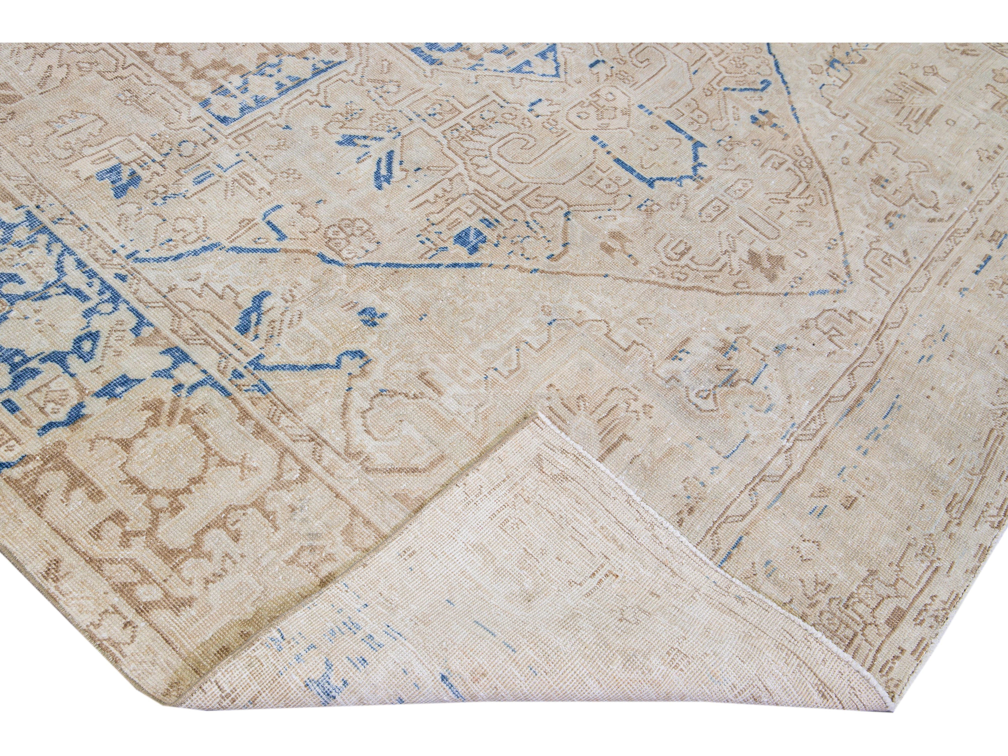 Antique Persian Heriz Beige Handmade Medallion Designed Wool Rug