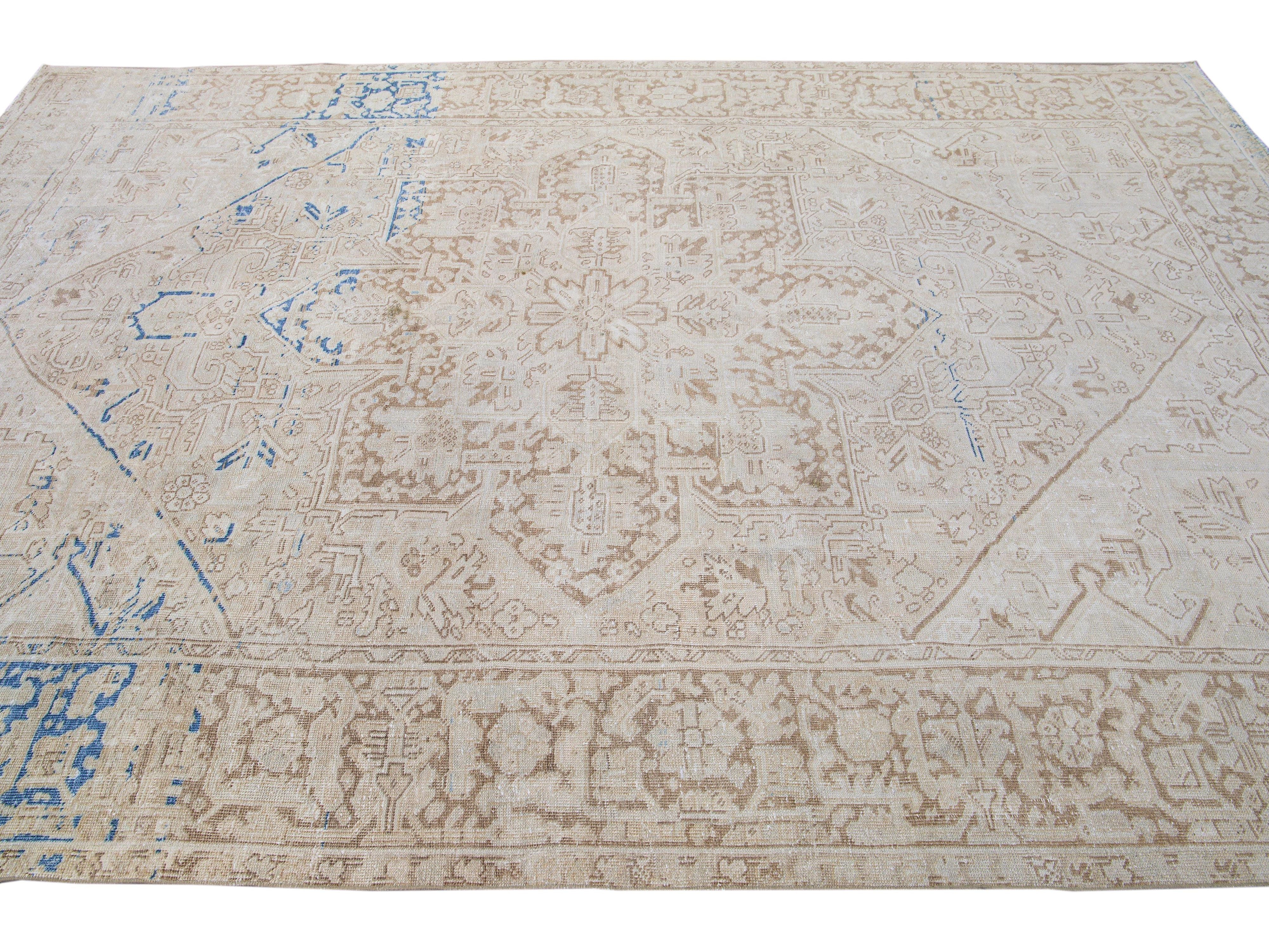 Antique Persian Heriz Beige Handmade Medallion Designed Wool Rug
