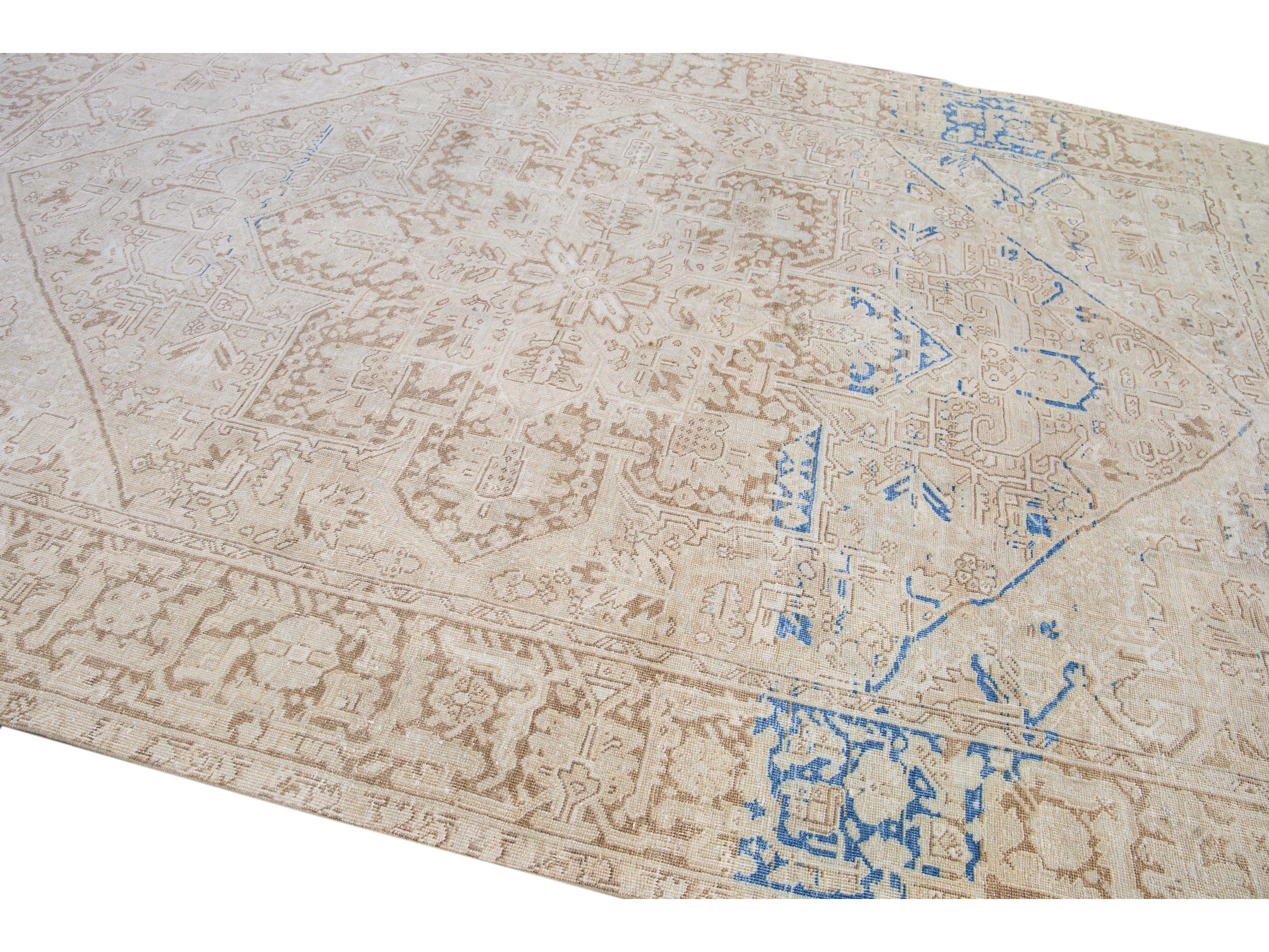 Antique Persian Heriz Beige Handmade Medallion Designed Wool Rug