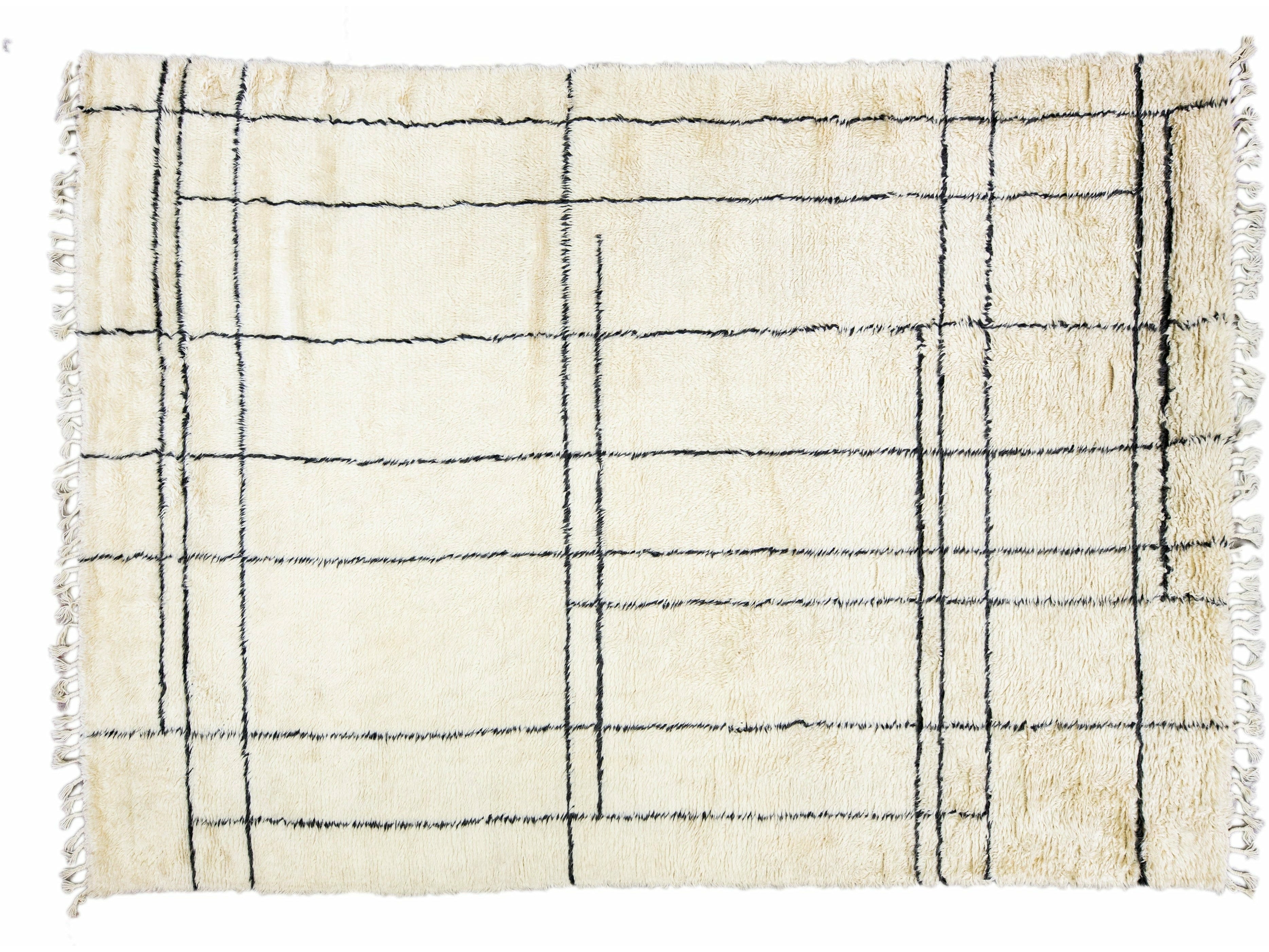 Ivory Modern Moroccan Style Handmade Geometric Wool Rug by Apadana