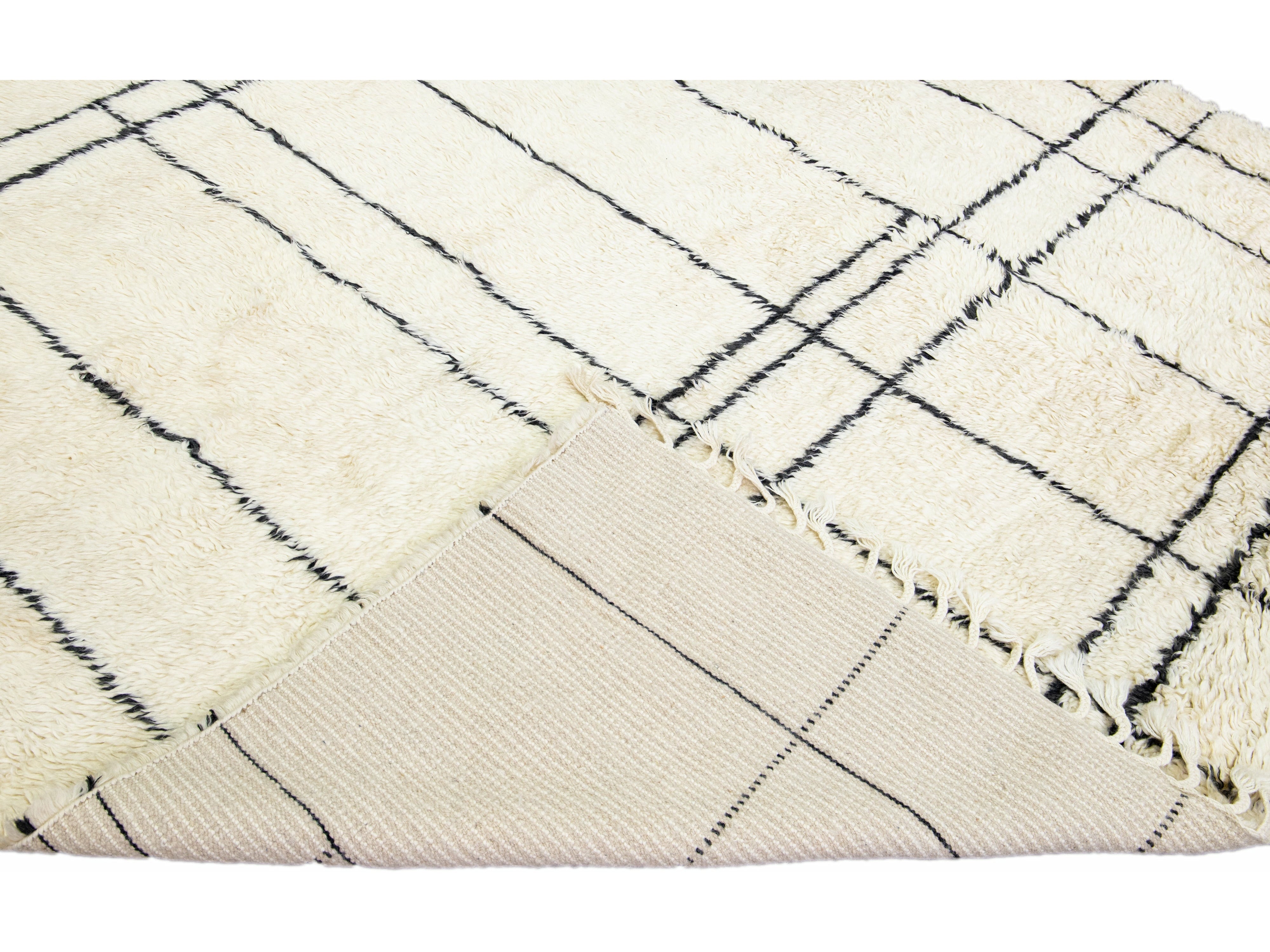 Ivory Modern Moroccan Style Handmade Geometric Wool Rug by Apadana
