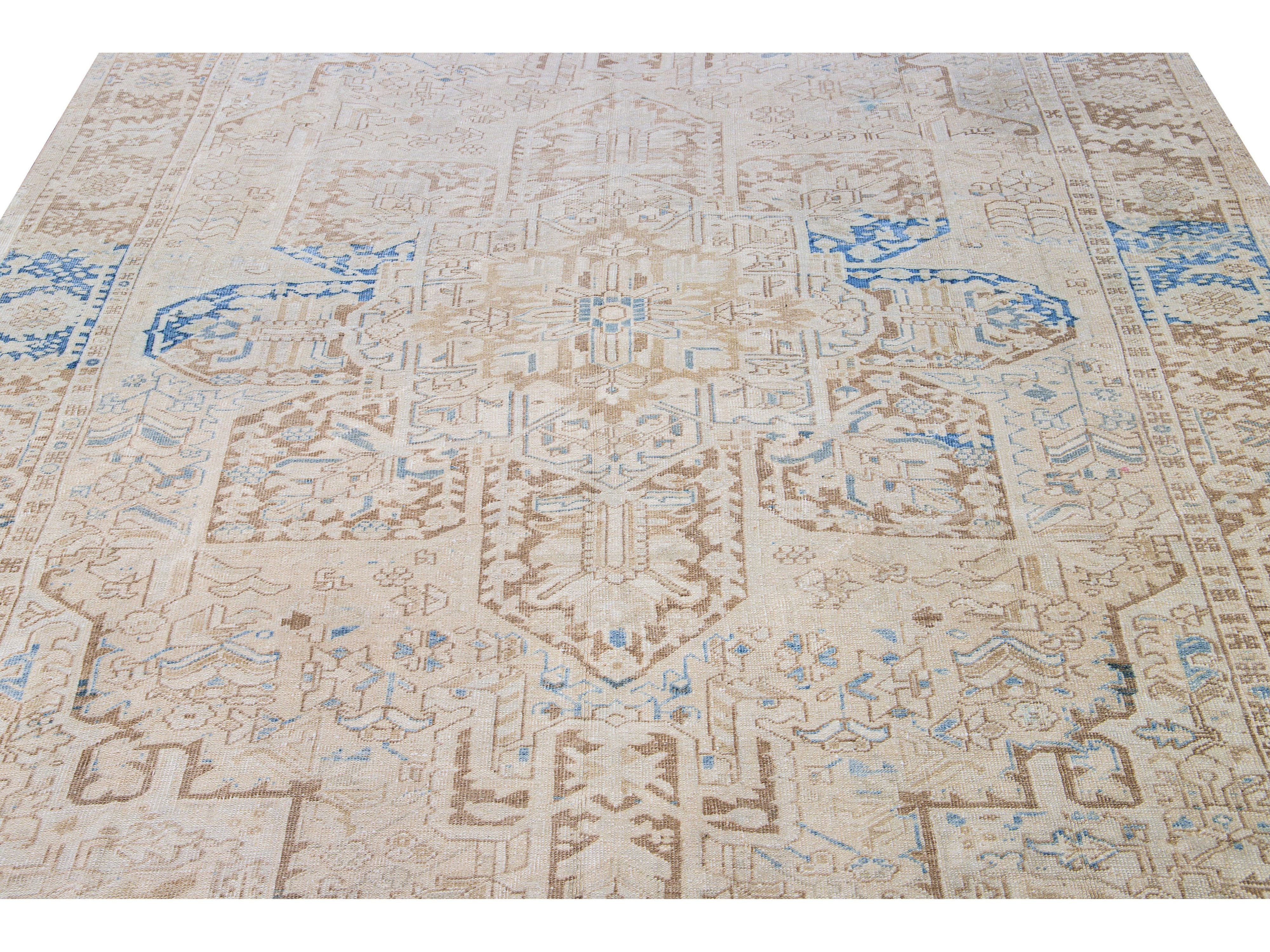 Antique Persian Heriz Handmade Medallion Designed Beige and Blue Wool Rug