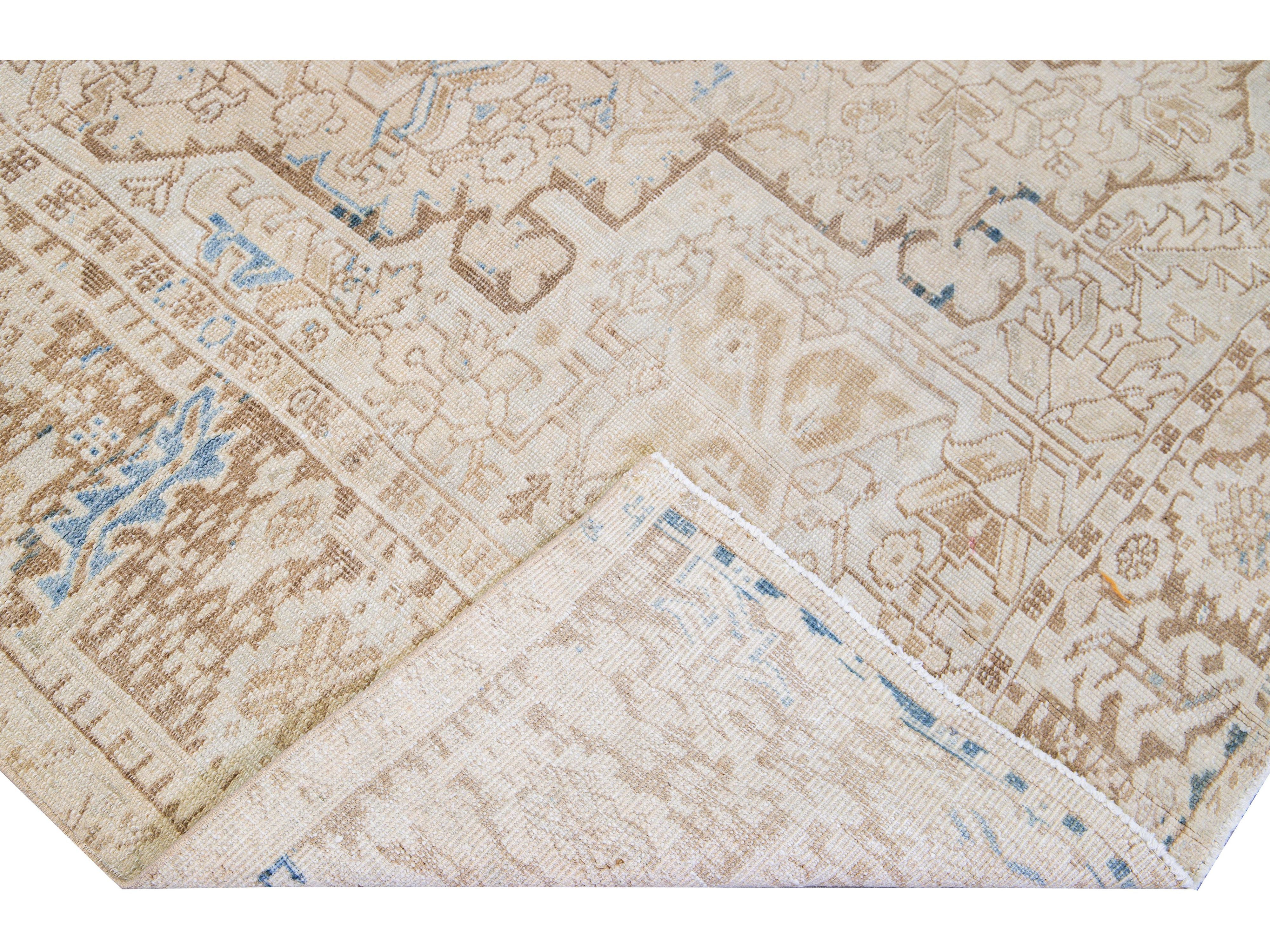 Antique Persian Heriz Handmade Medallion Designed Beige and Blue Wool Rug