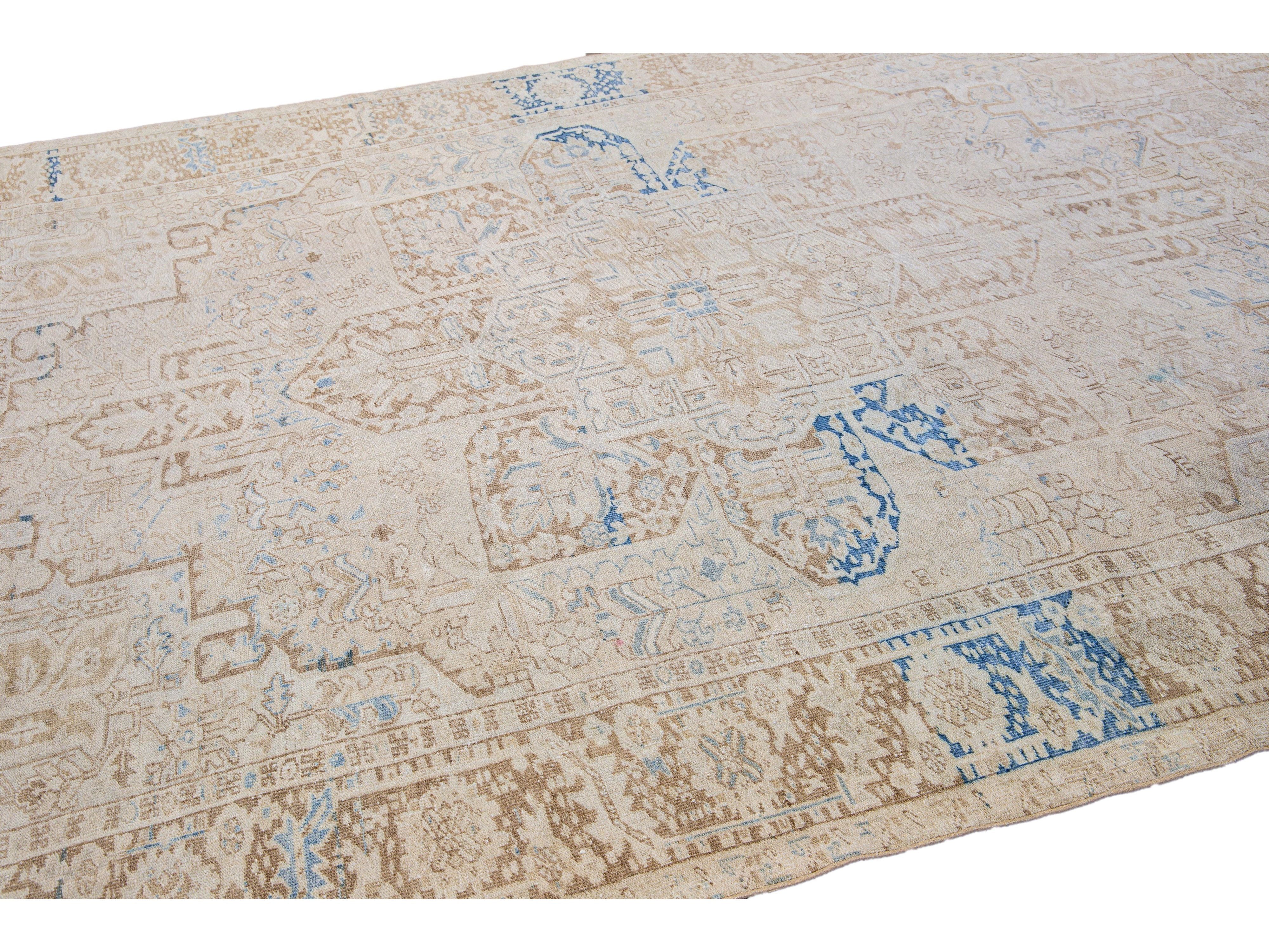 Antique Persian Heriz Handmade Medallion Designed Beige and Blue Wool Rug