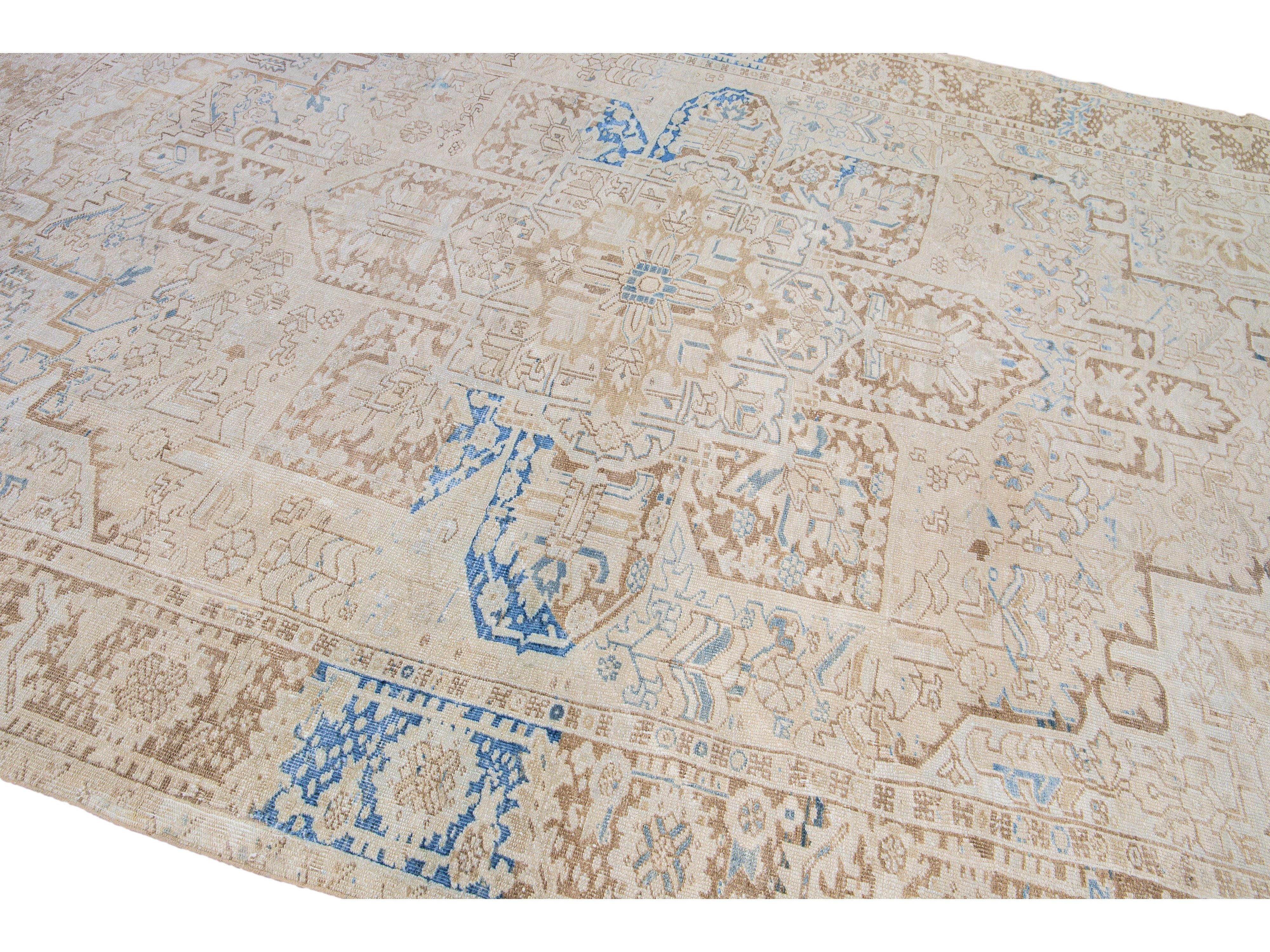 Antique Persian Heriz Handmade Medallion Designed Beige and Blue Wool Rug