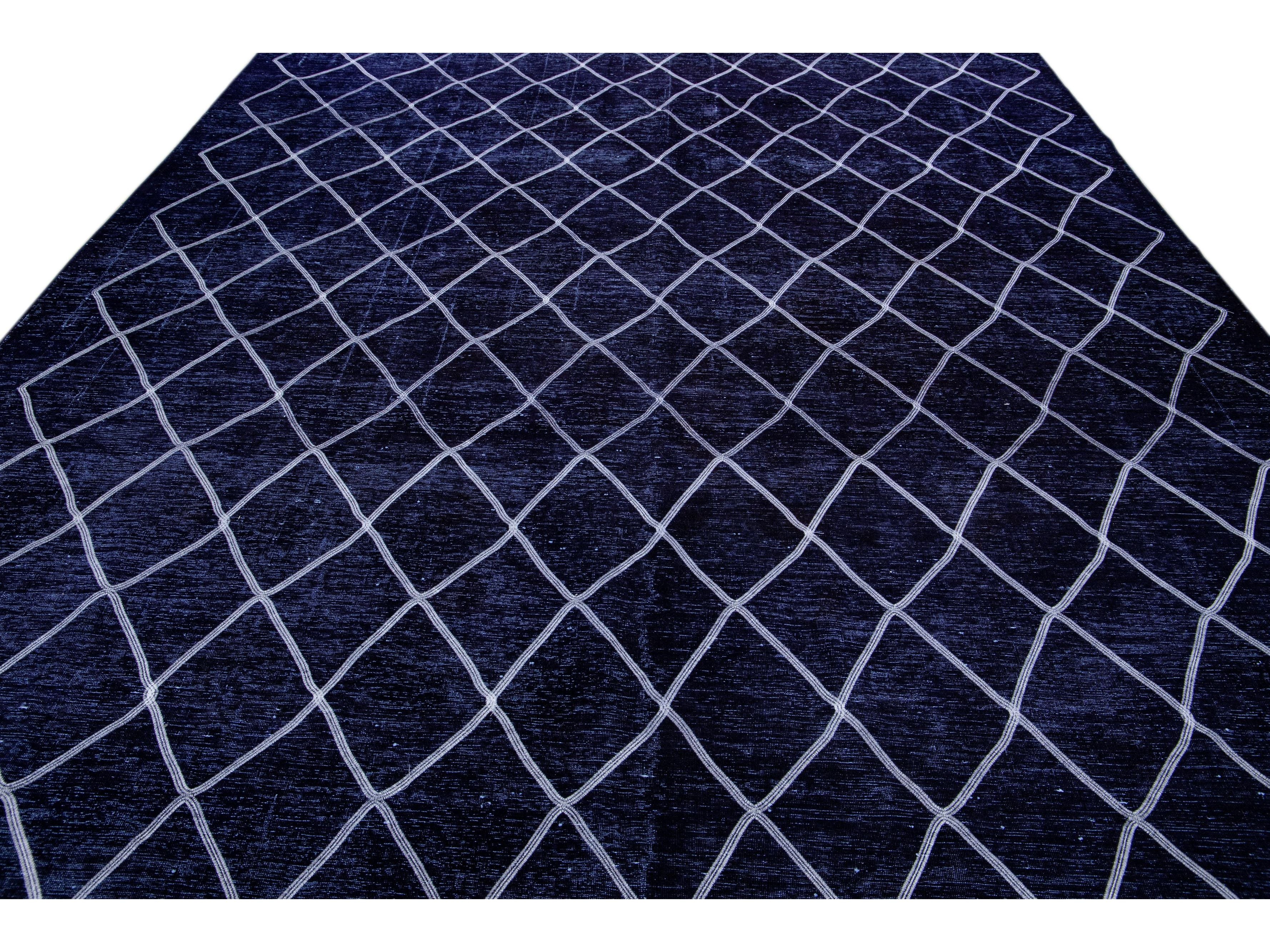 Modern Navy Blue Turkish Handmade Diamond Trellis Designed Wool Rug