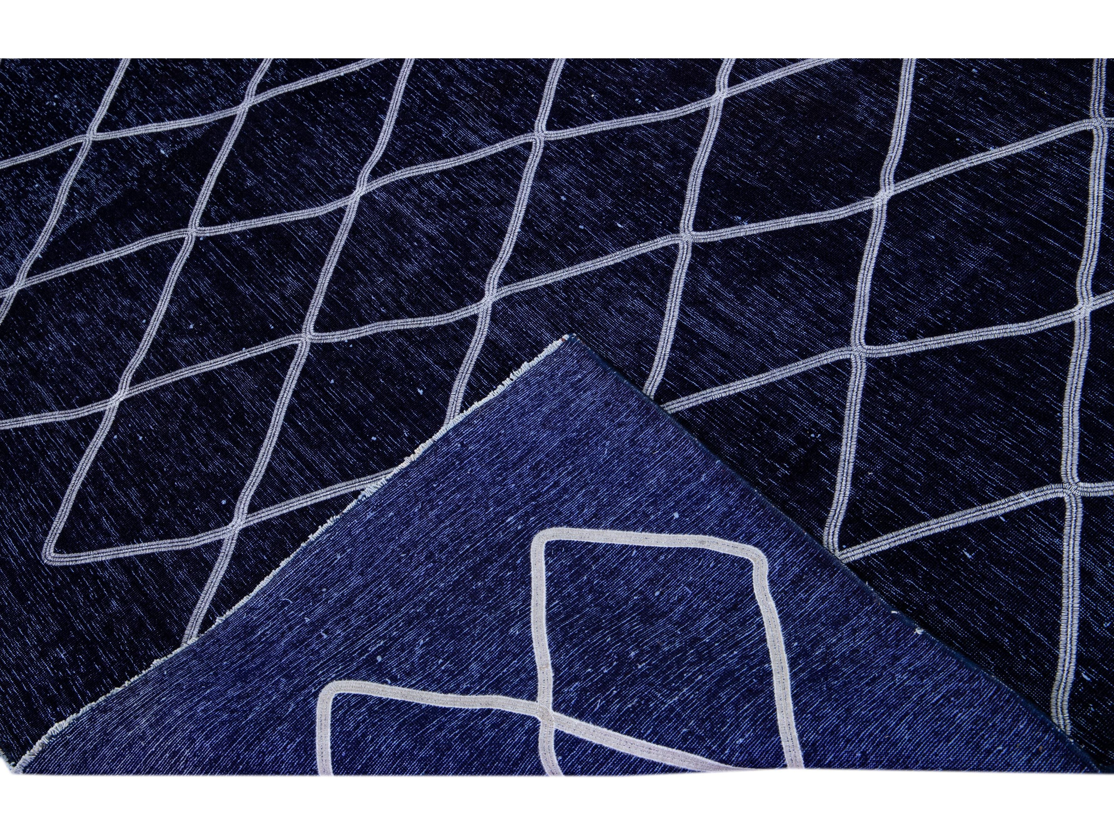 Modern Navy Blue Turkish Handmade Diamond Trellis Designed Wool Rug