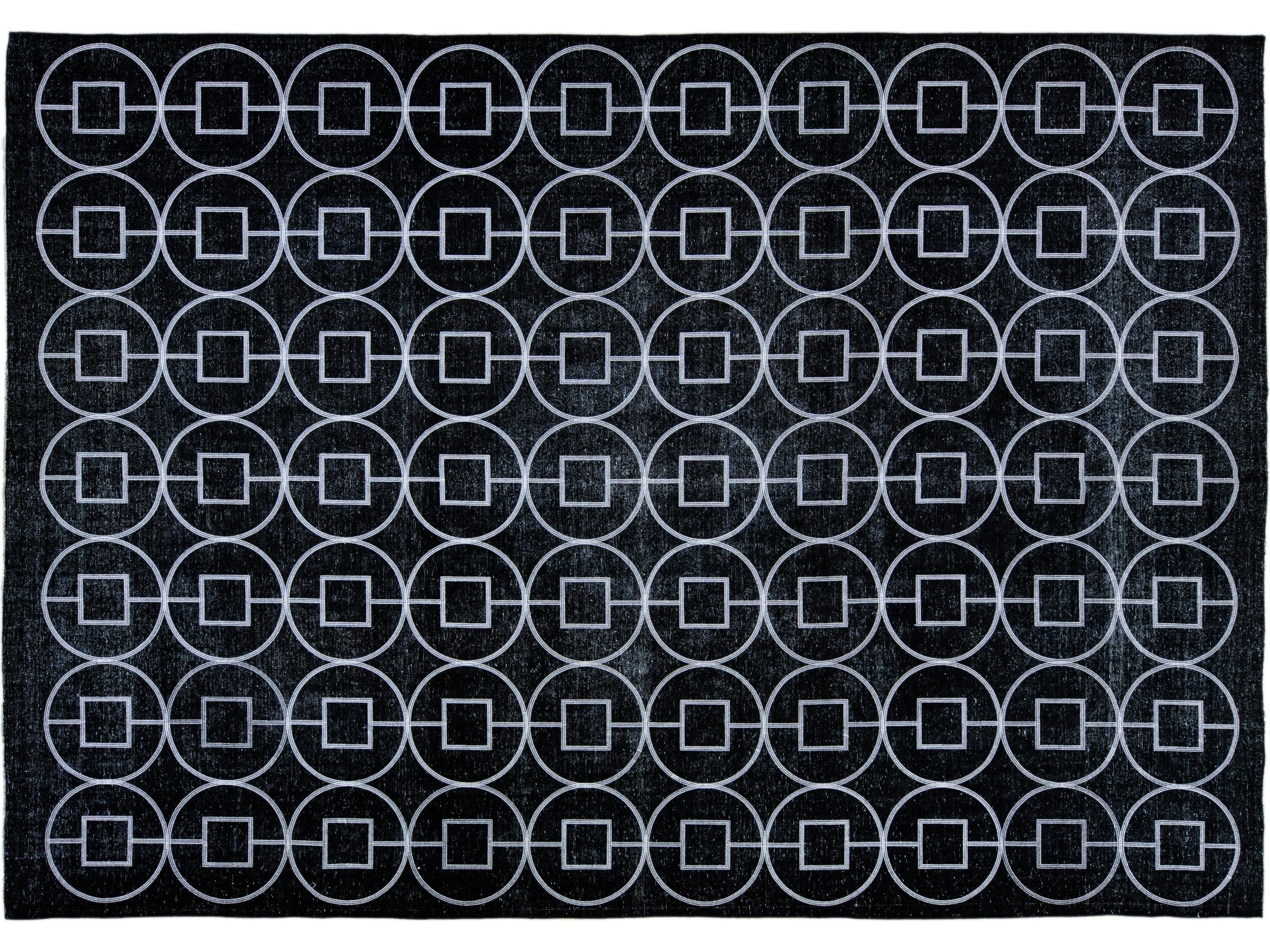 Modern Turkish Black Handmade Geometric Motif Wool Rug