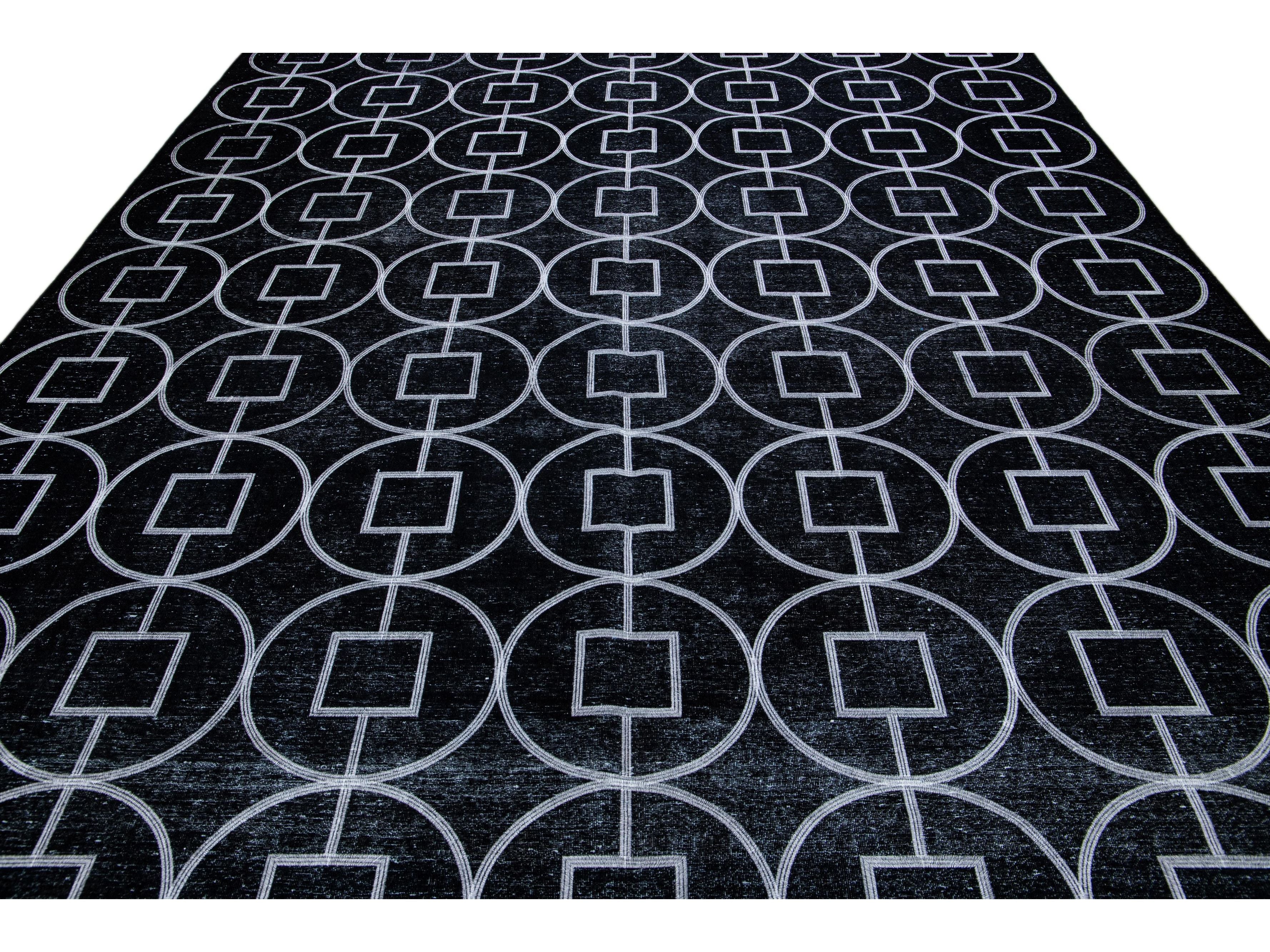 Modern Turkish Black Handmade Geometric Motif Wool Rug