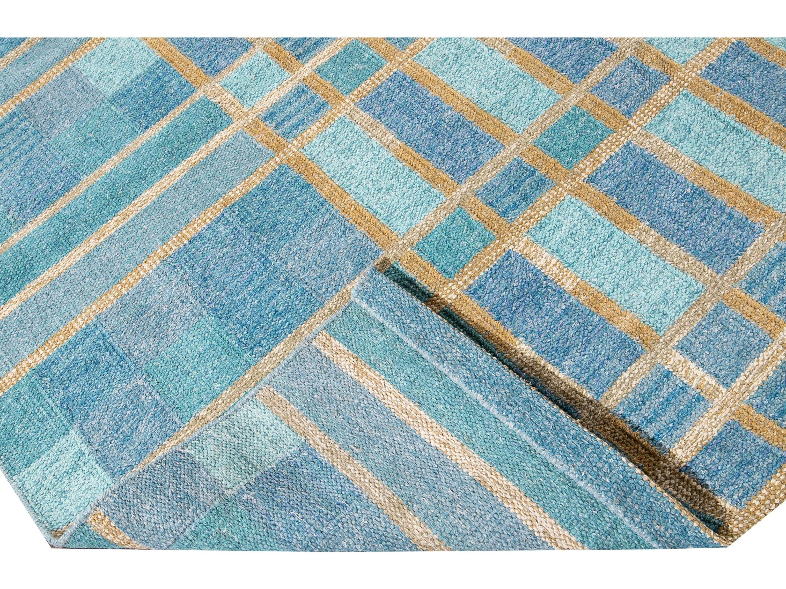 Contemporary Swedish Style Blue Handmade Geometric Pattern Oversize Wool Rug