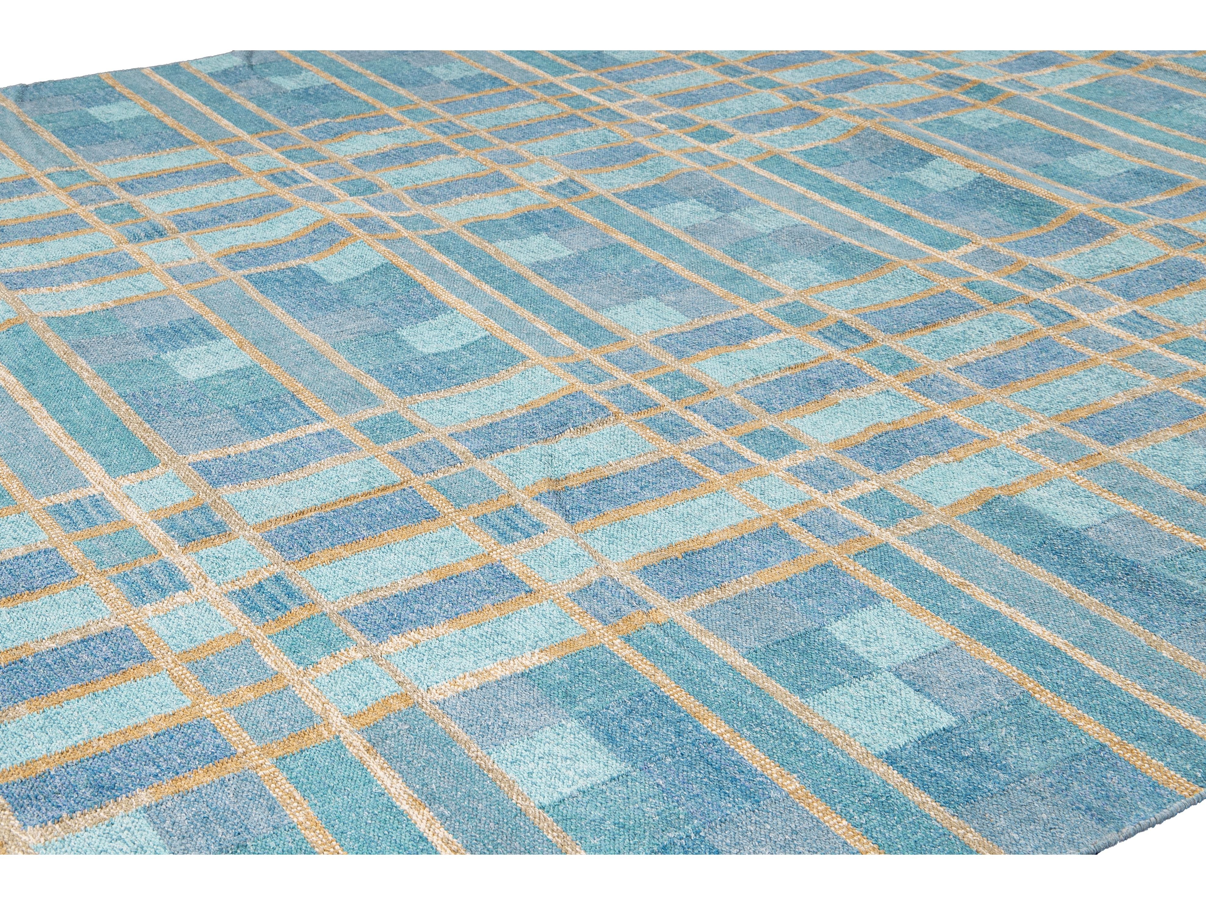 Contemporary Swedish Style Blue Handmade Geometric Pattern Oversize Wool Rug