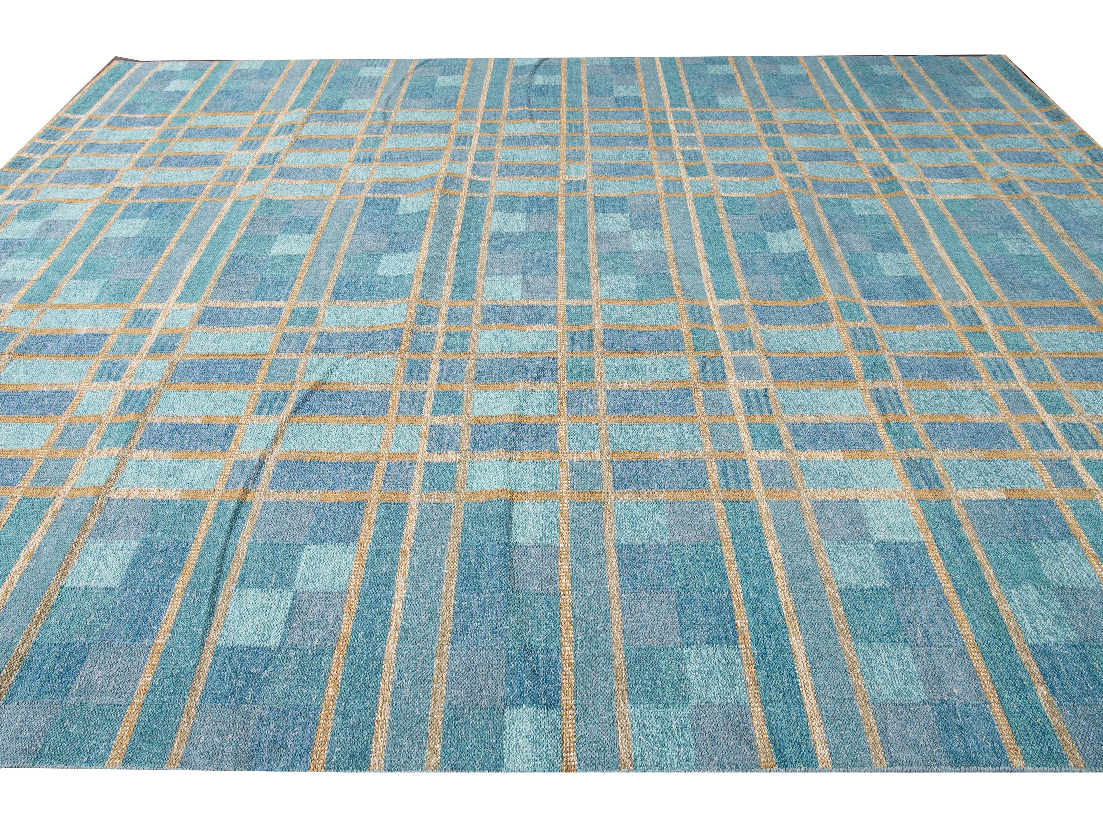Contemporary Swedish Style Blue Handmade Geometric Pattern Oversize Wool Rug