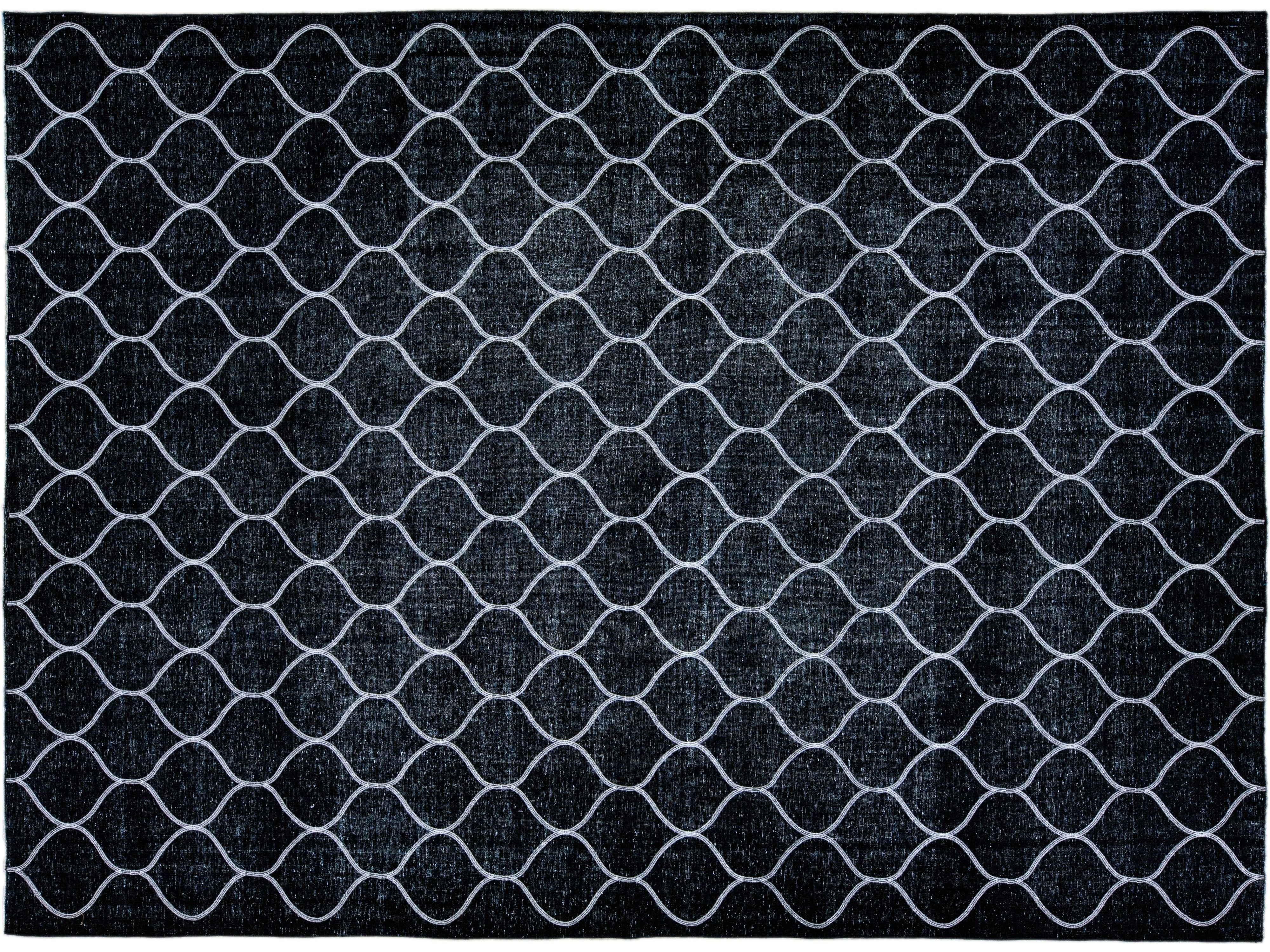 Modern Black Turkish Handmade Trellis Designed Wool Rug