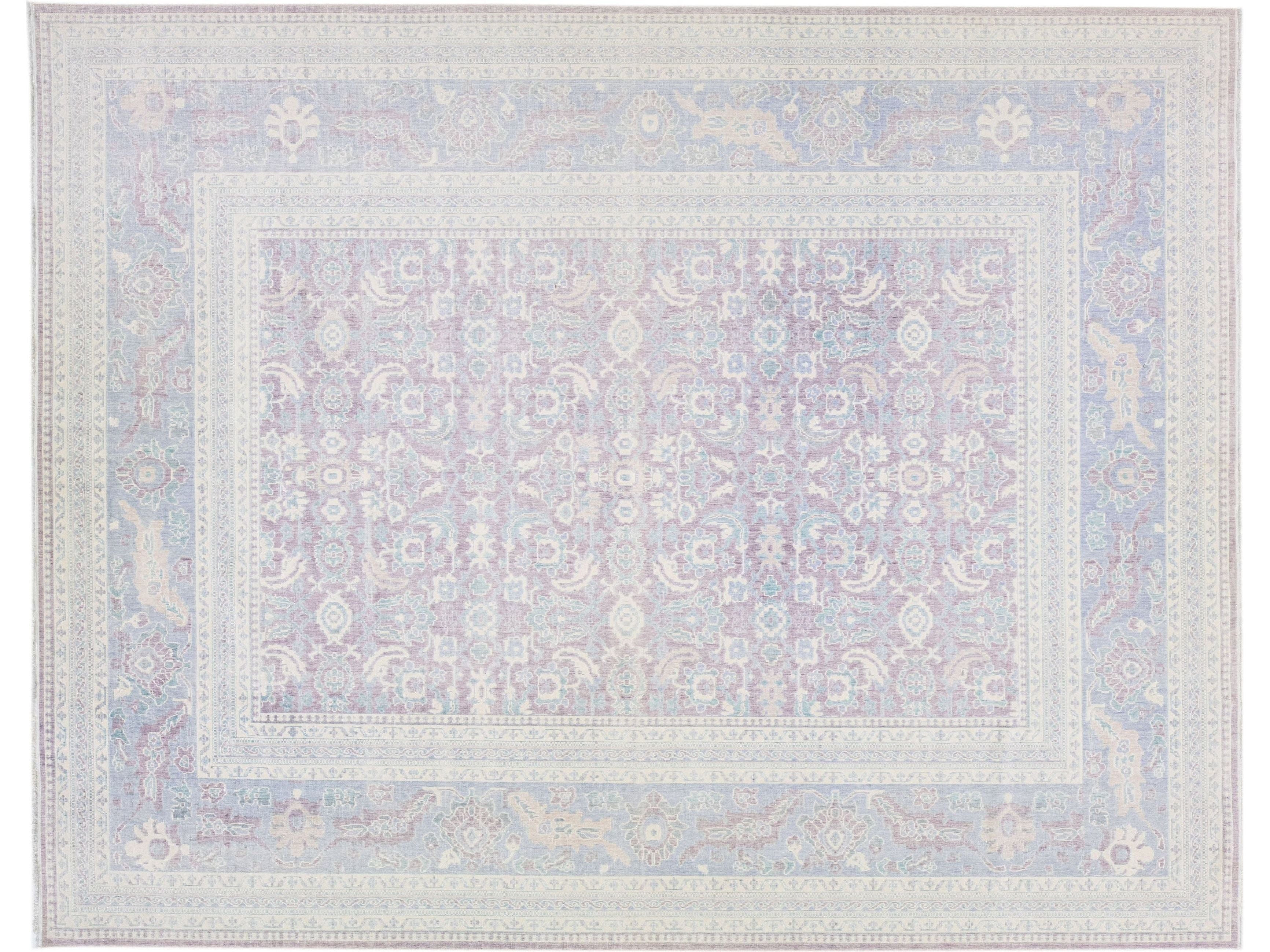 Modern Turkish Handmade Purple Wool Rug With Allover Motif