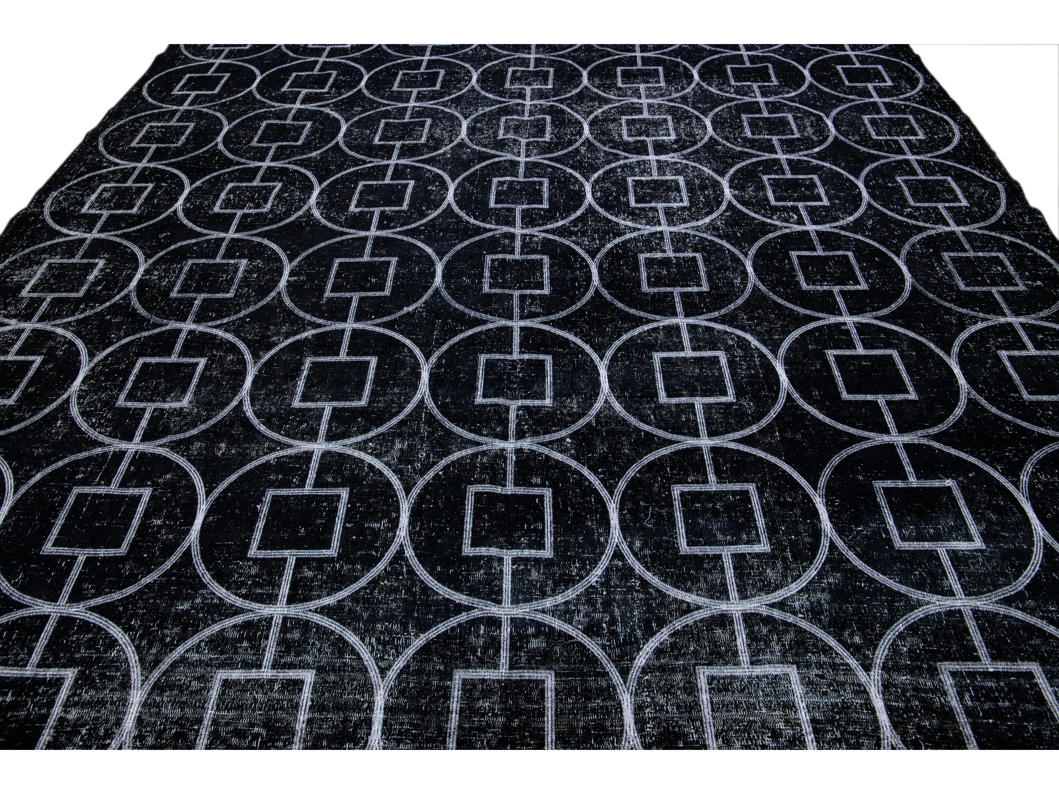 Black Modern Turkish Handmade Geometric Pattern Wool Rug