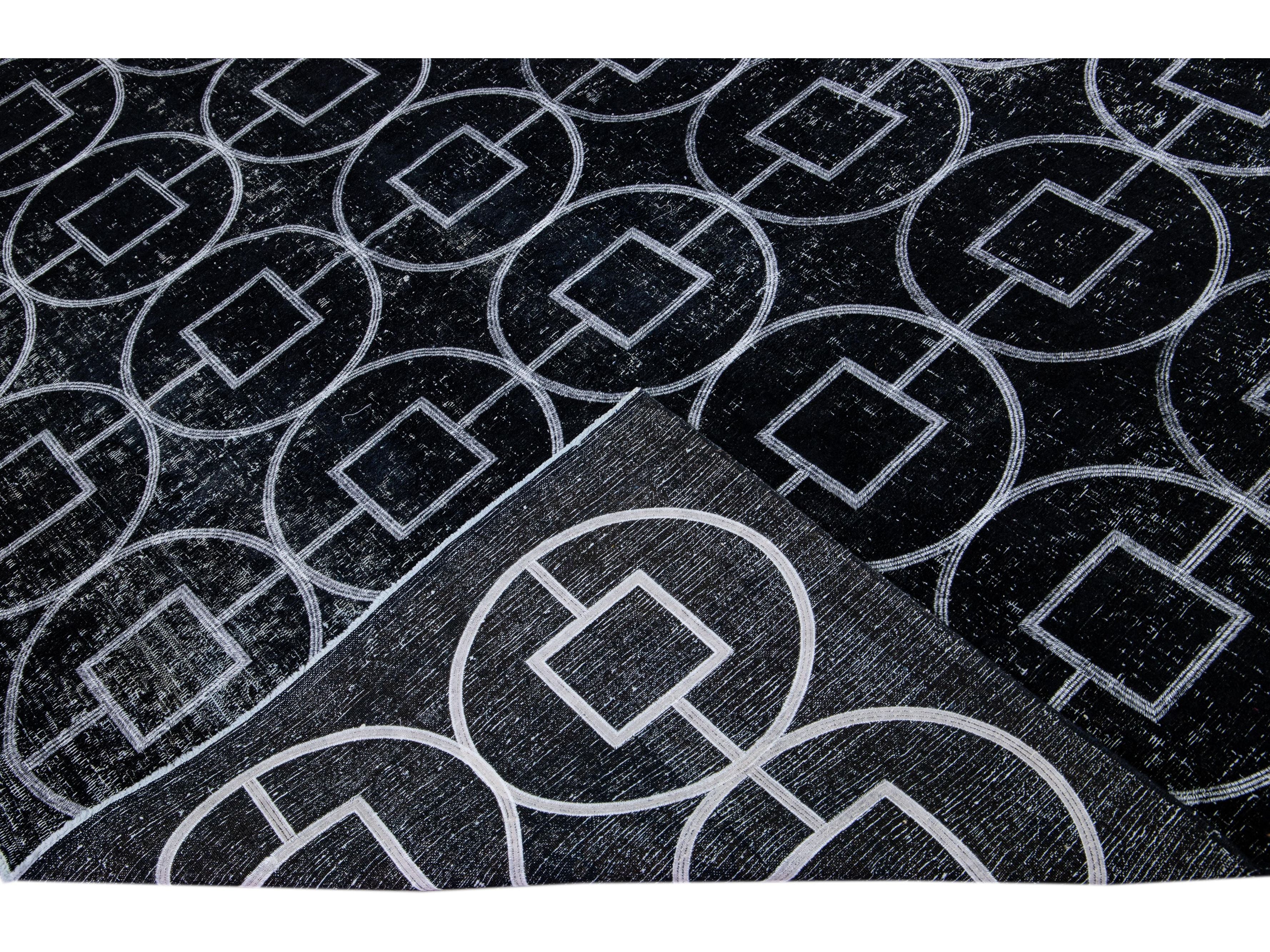 Black Modern Turkish Handmade Geometric Pattern Wool Rug