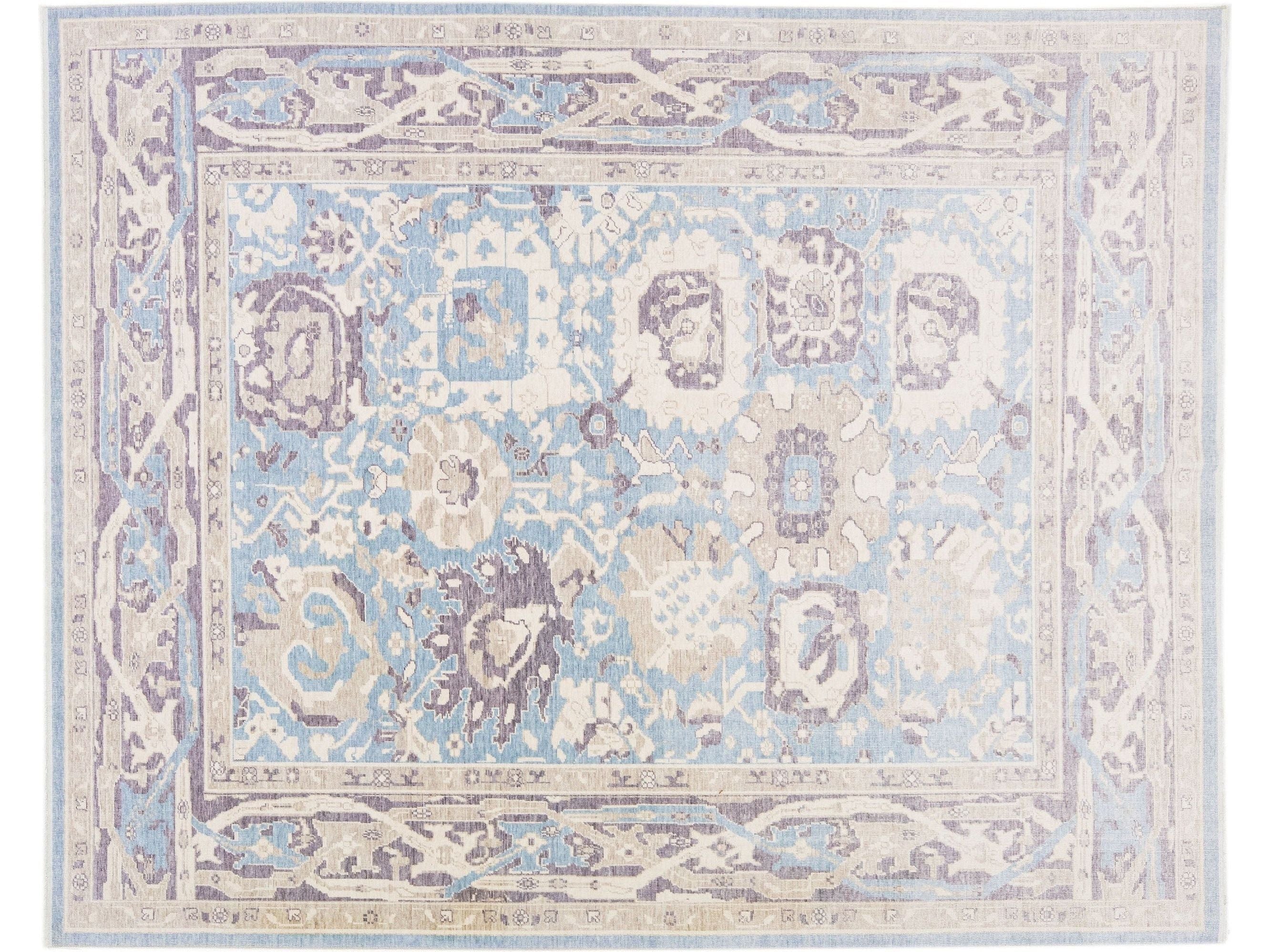 Modern Turkish Oushak Handmade Blue Allover Floral Room size Wool Rug