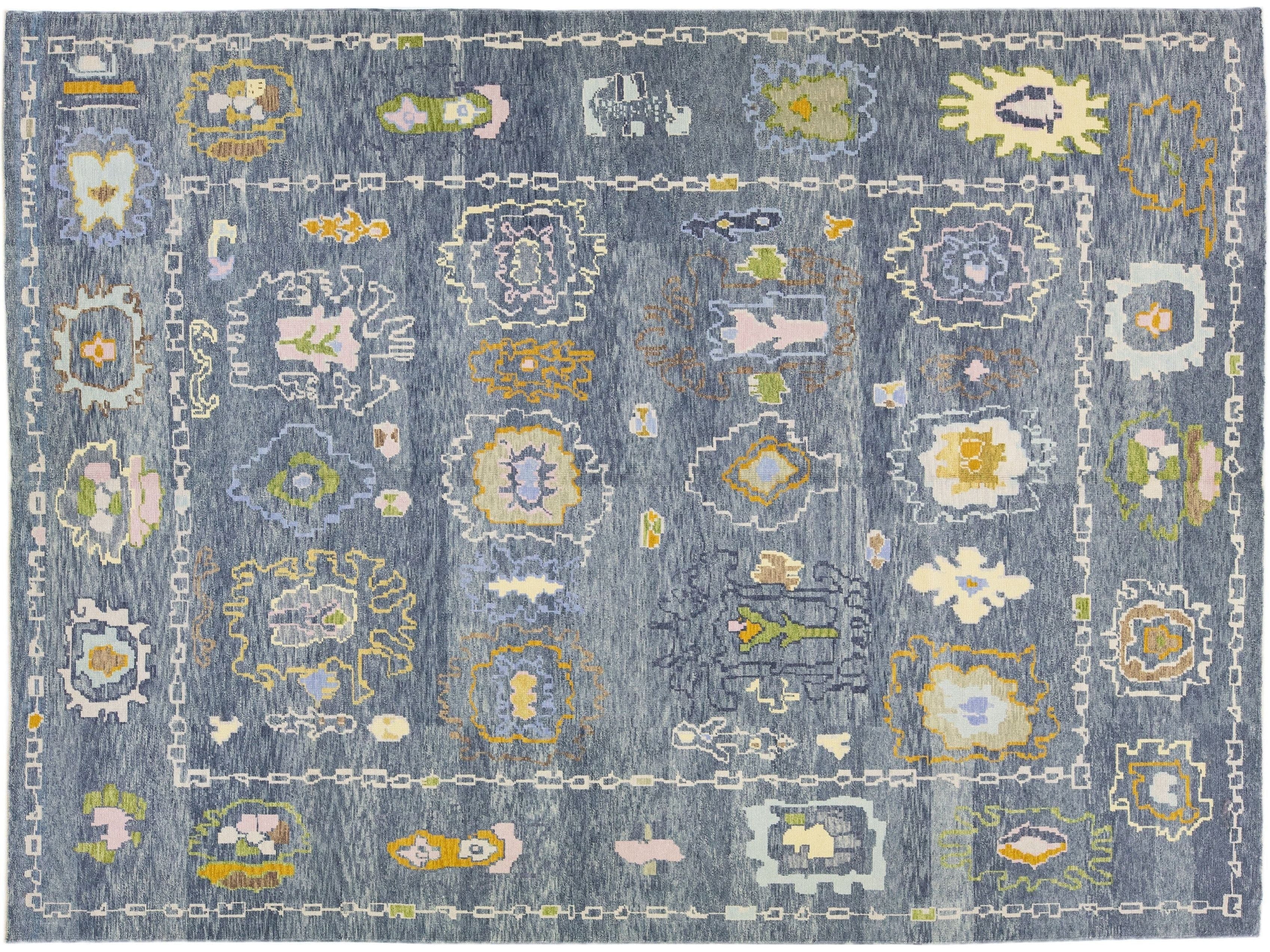 Gray Modern Turkish Oushak Handmade Room size Wool Rug with Floral Pattern