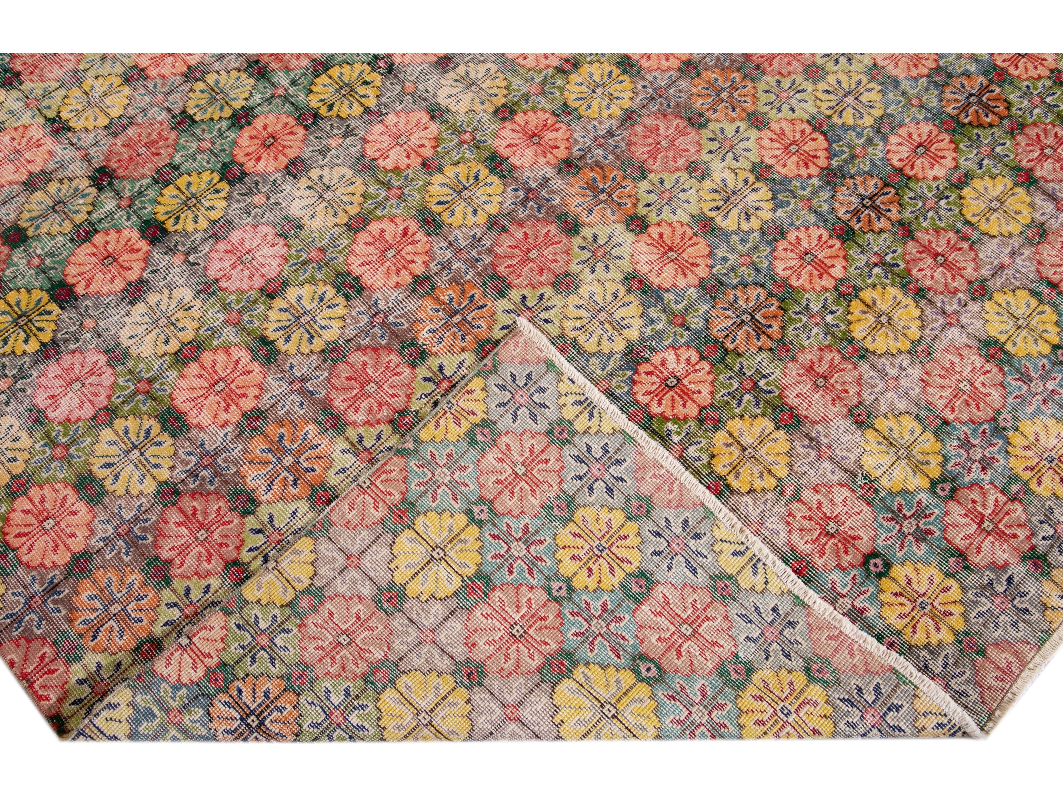Vintage Turkish Deco Wool Rug 7 X 9