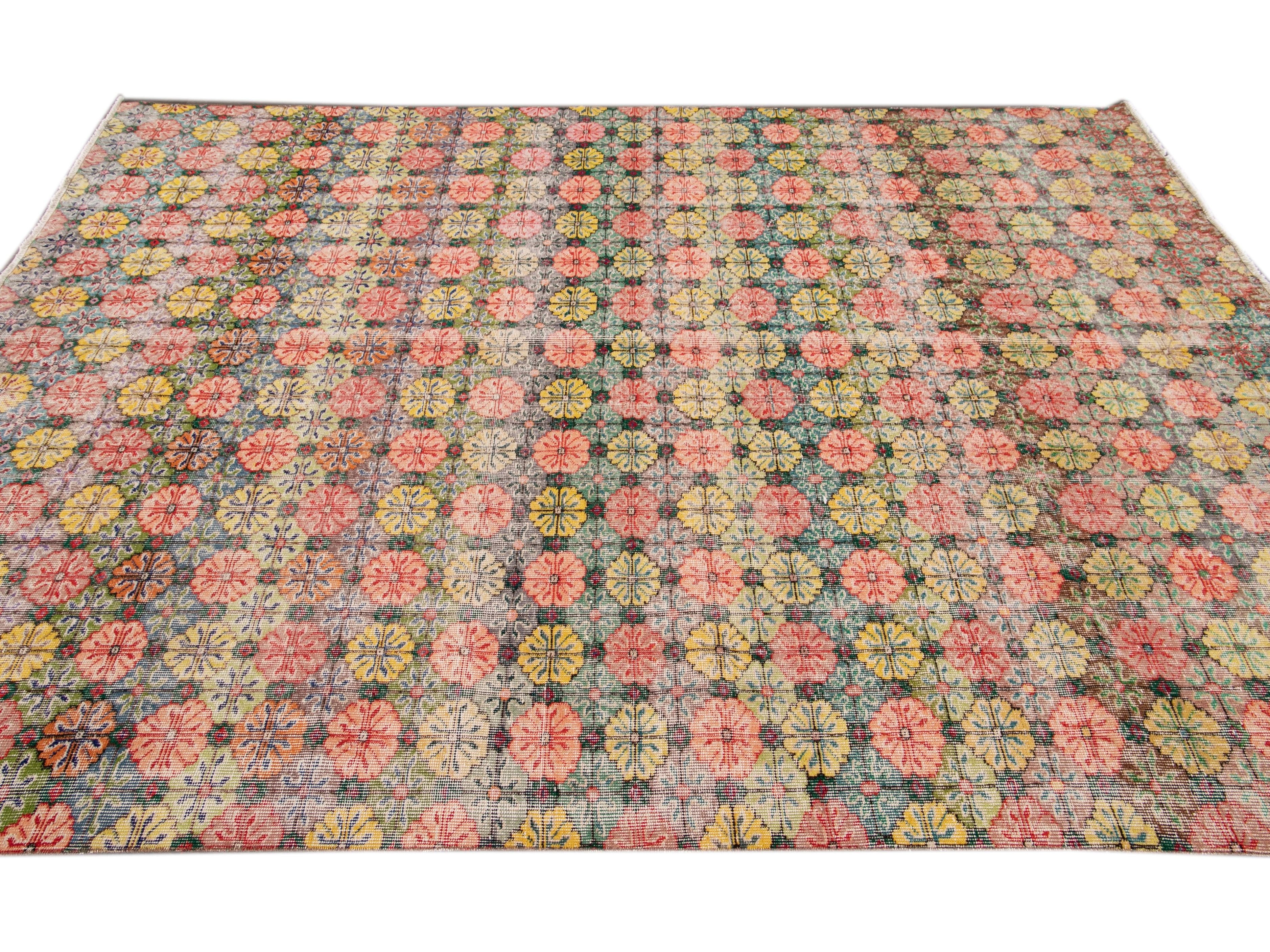 Vintage Turkish Deco Wool Rug 7 X 9