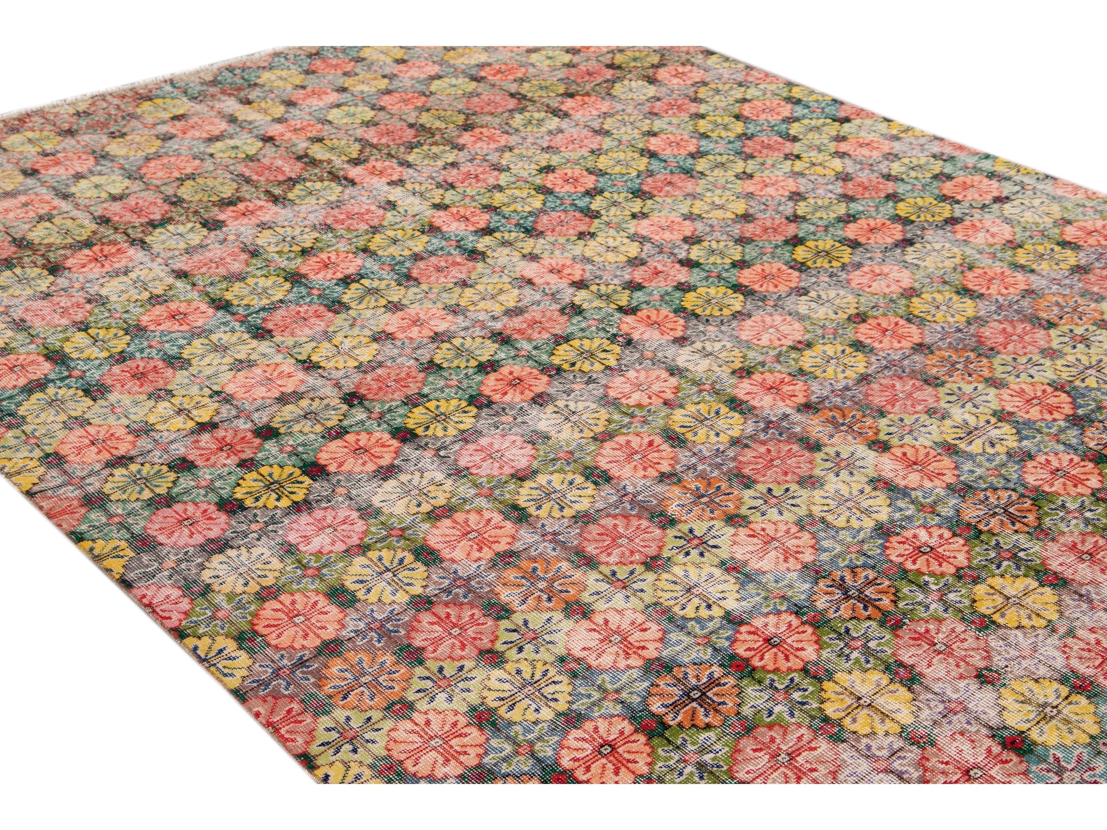 Vintage Turkish Deco Wool Rug 7 X 9