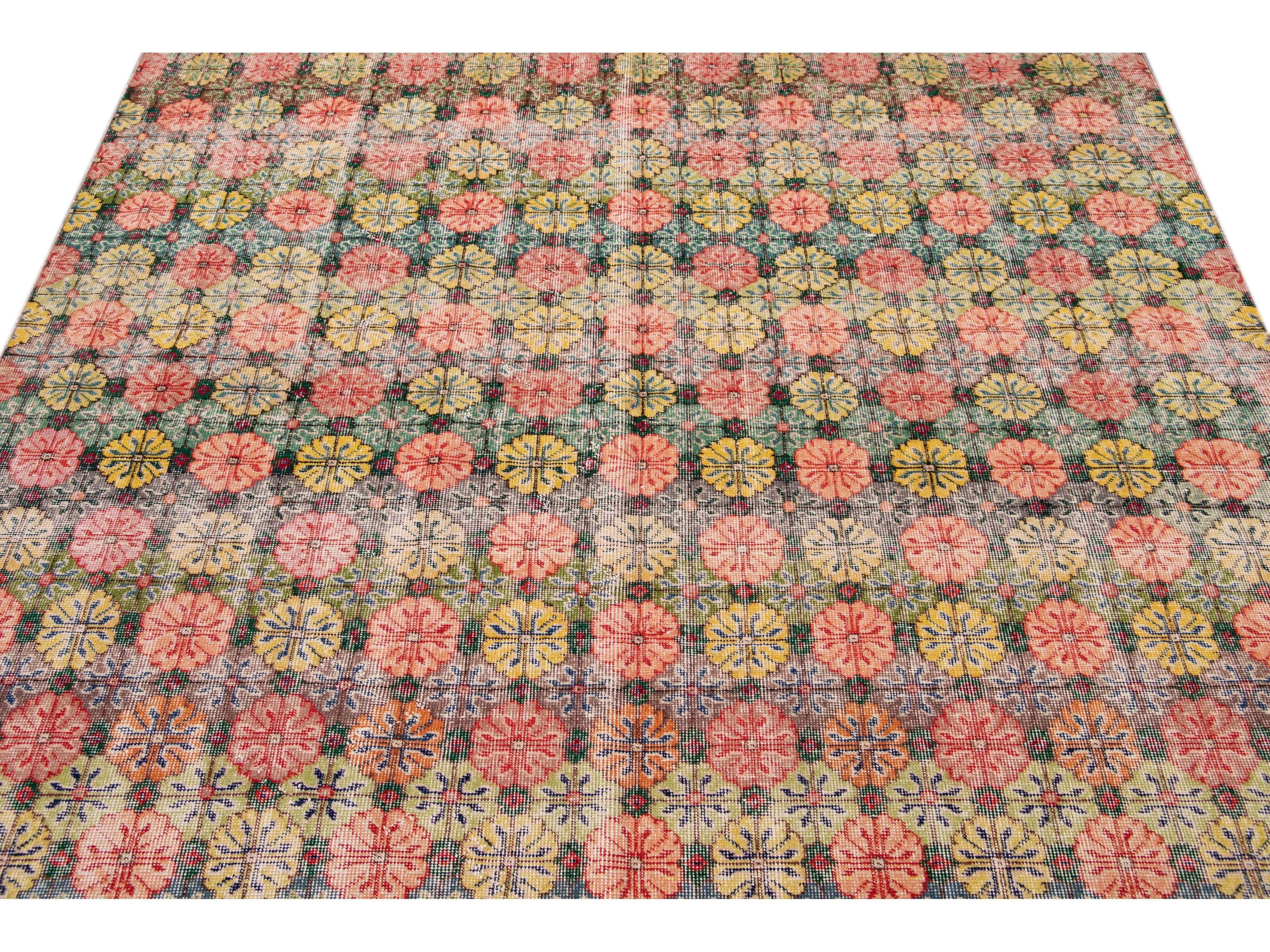 Vintage Turkish Deco Wool Rug 7 X 9