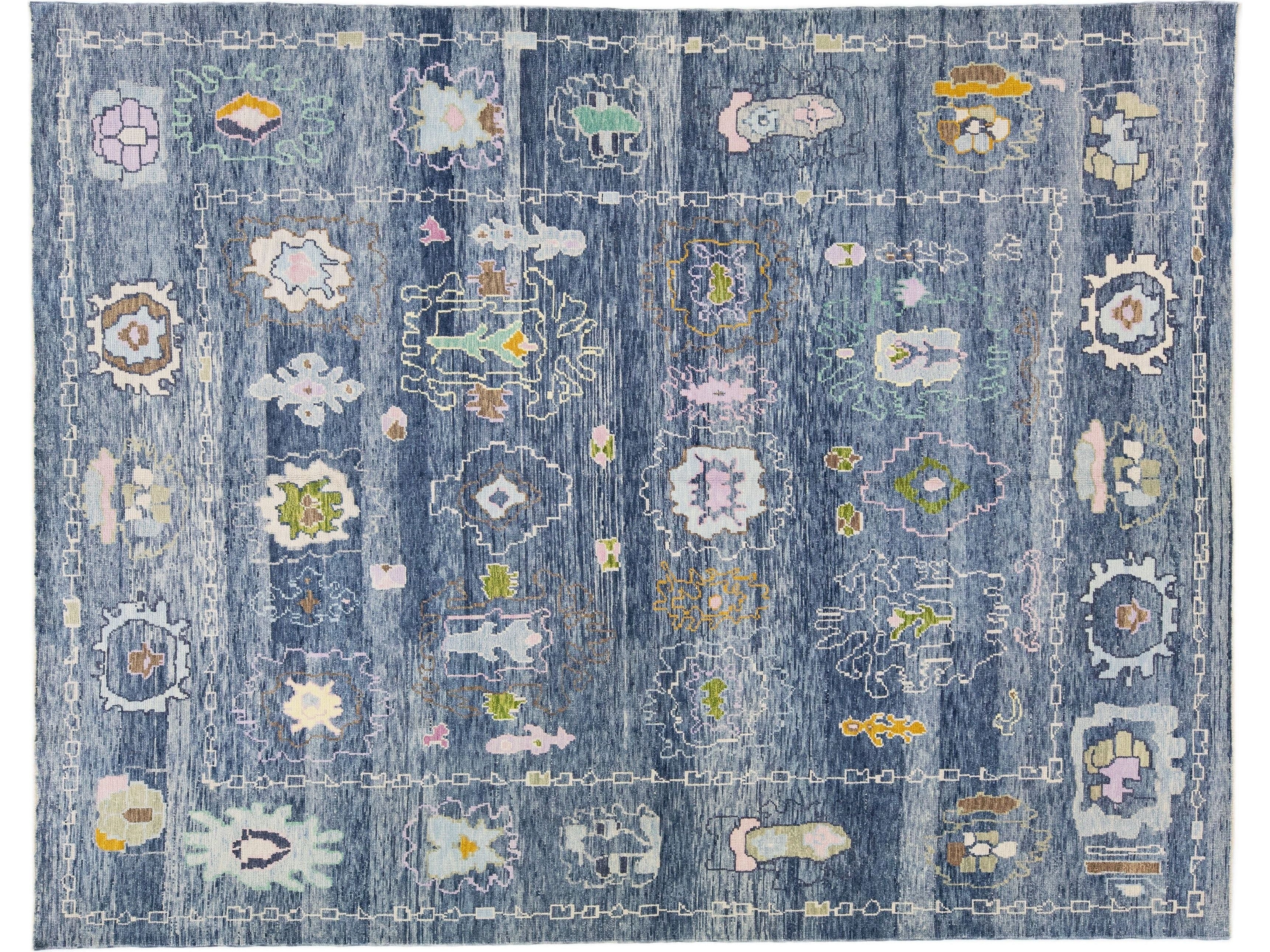 Modern Turkish Oushak Blue Handmade Floral Designed Wool Rug