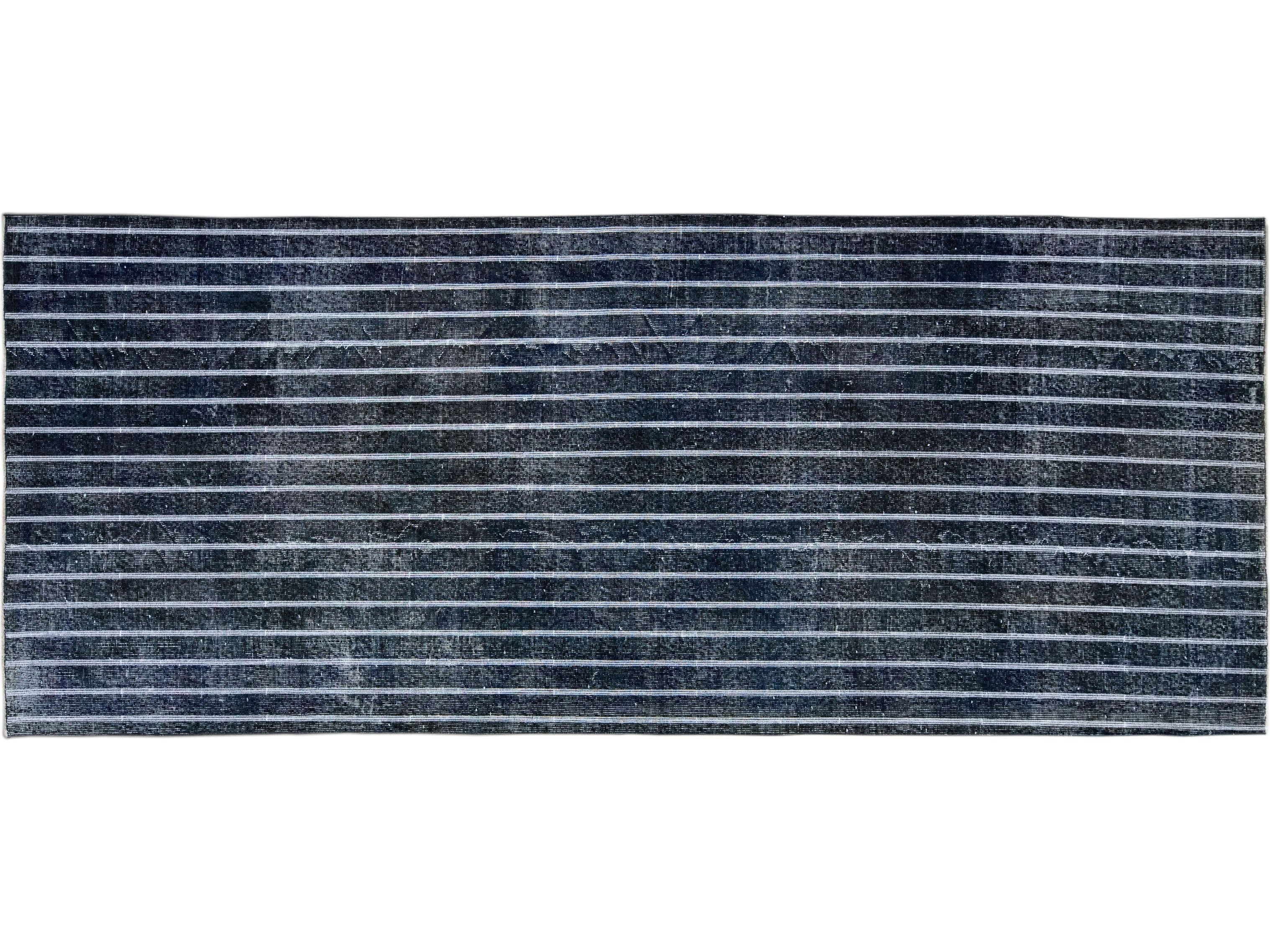 Modern Turkish Handmade Striped Motif Navy Blue Wool Gallery Rug