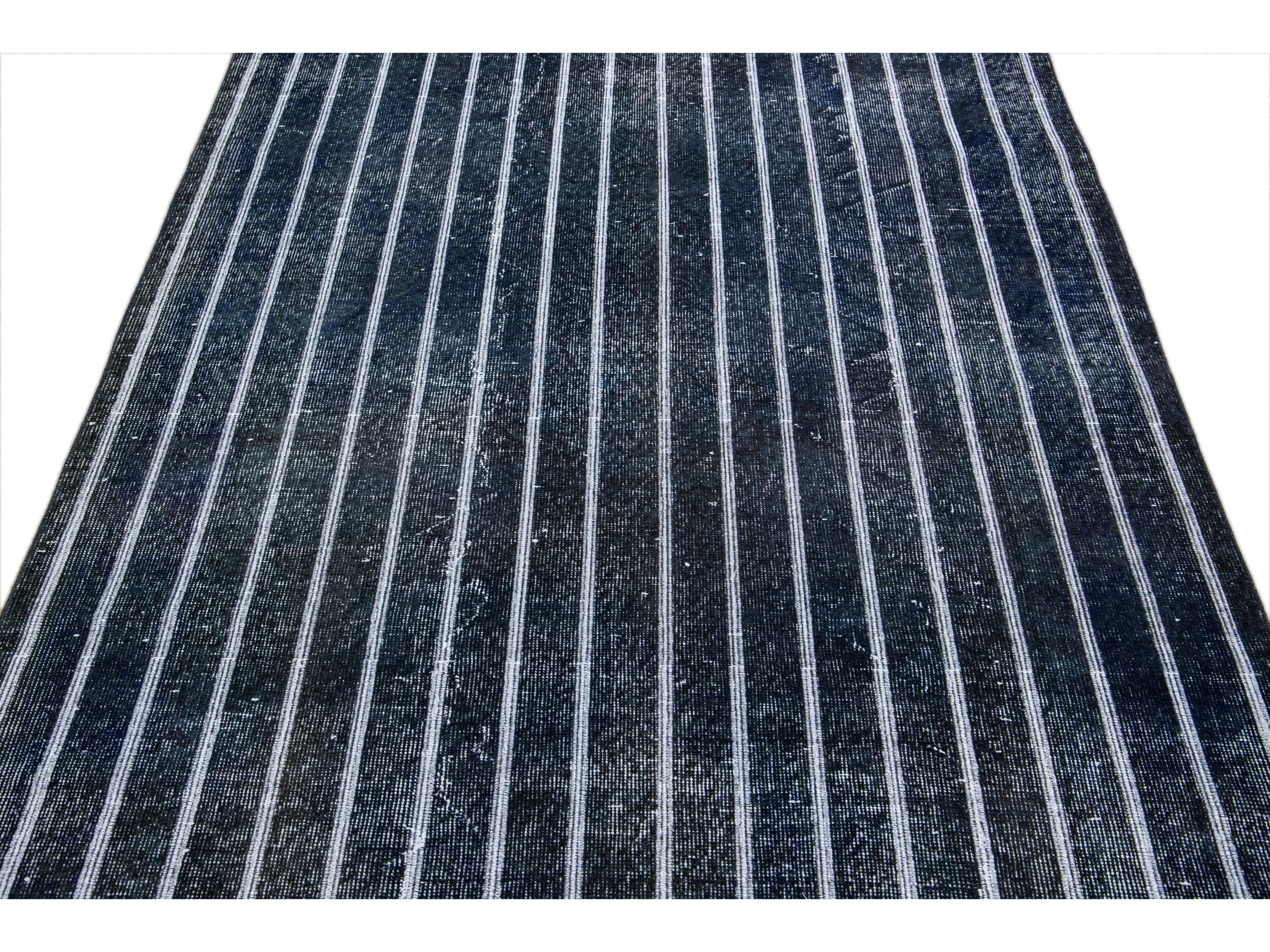 Modern Turkish Handmade Striped Motif Navy Blue Wool Gallery Rug
