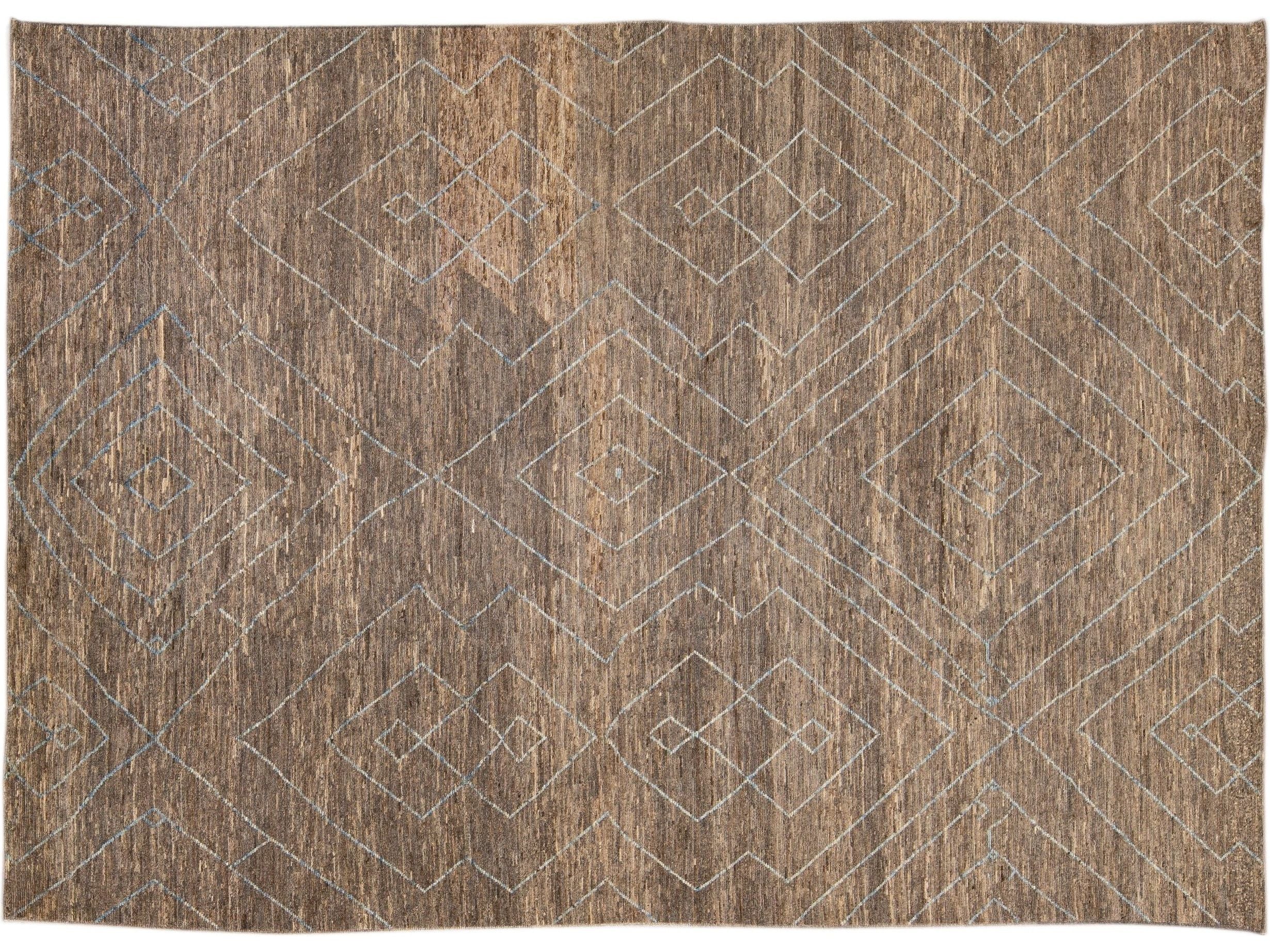 Modern Moroccan Style Handmade Geometric Pattern Brown Wool Rug