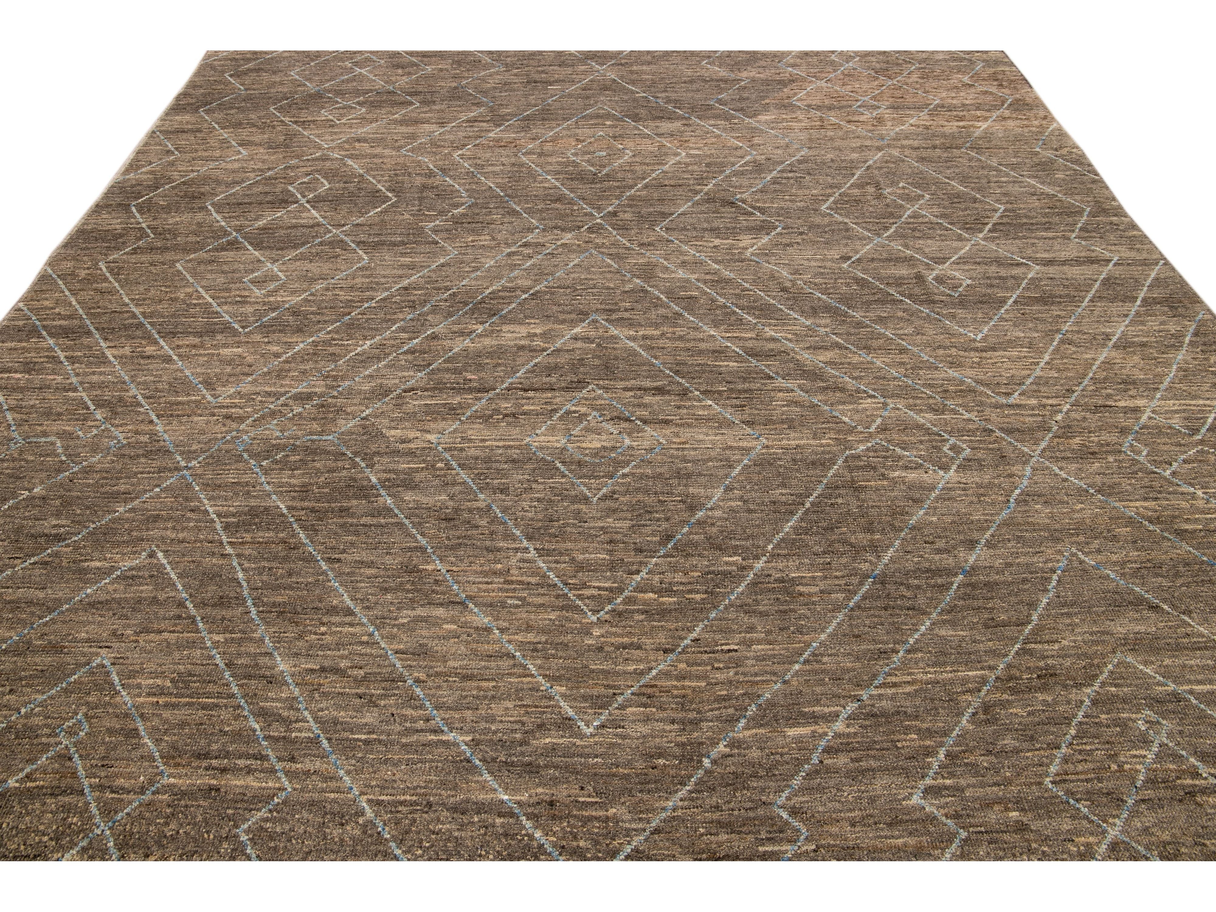Modern Moroccan Style Handmade Geometric Pattern Brown Wool Rug