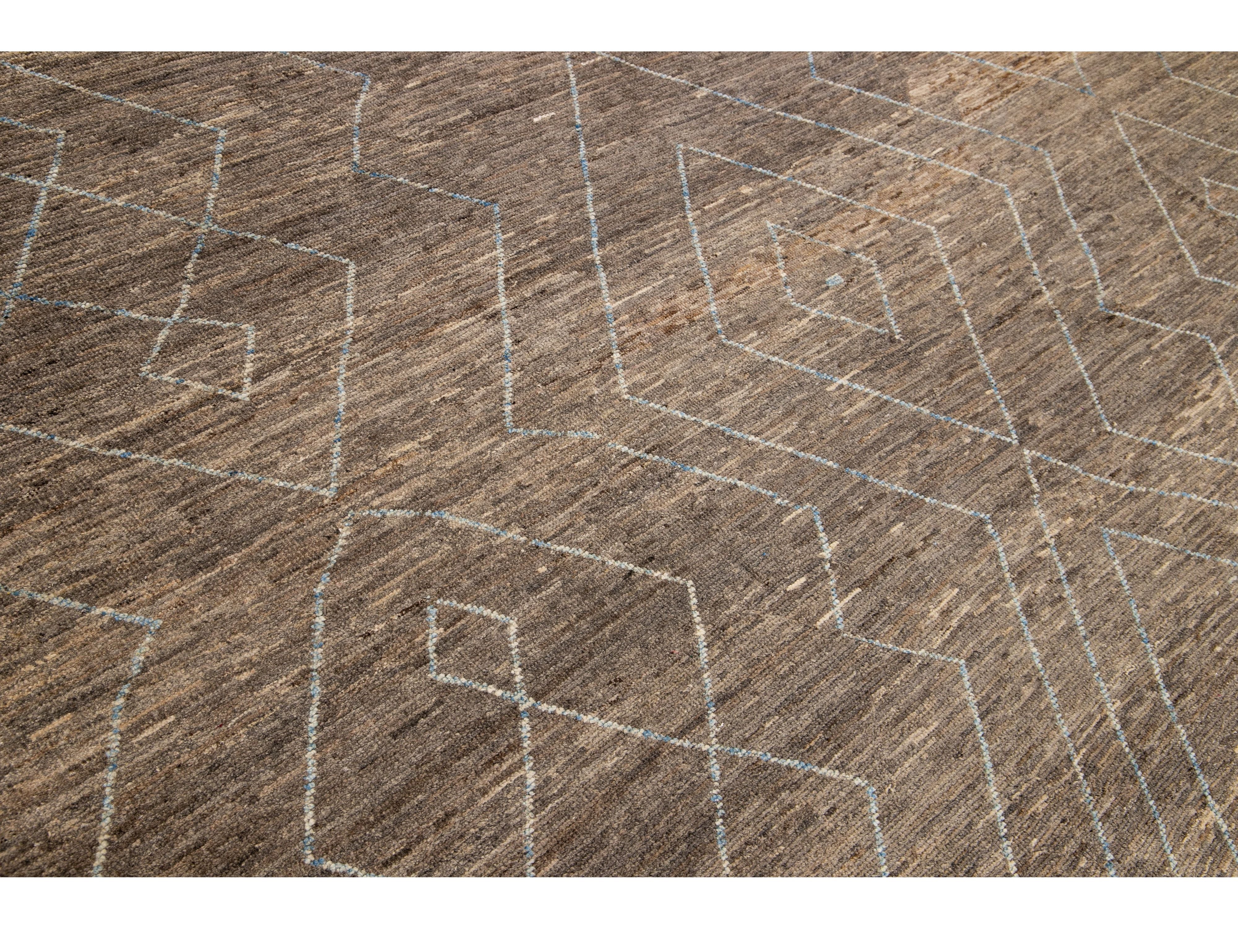 Modern Moroccan Style Handmade Geometric Pattern Brown Wool Rug