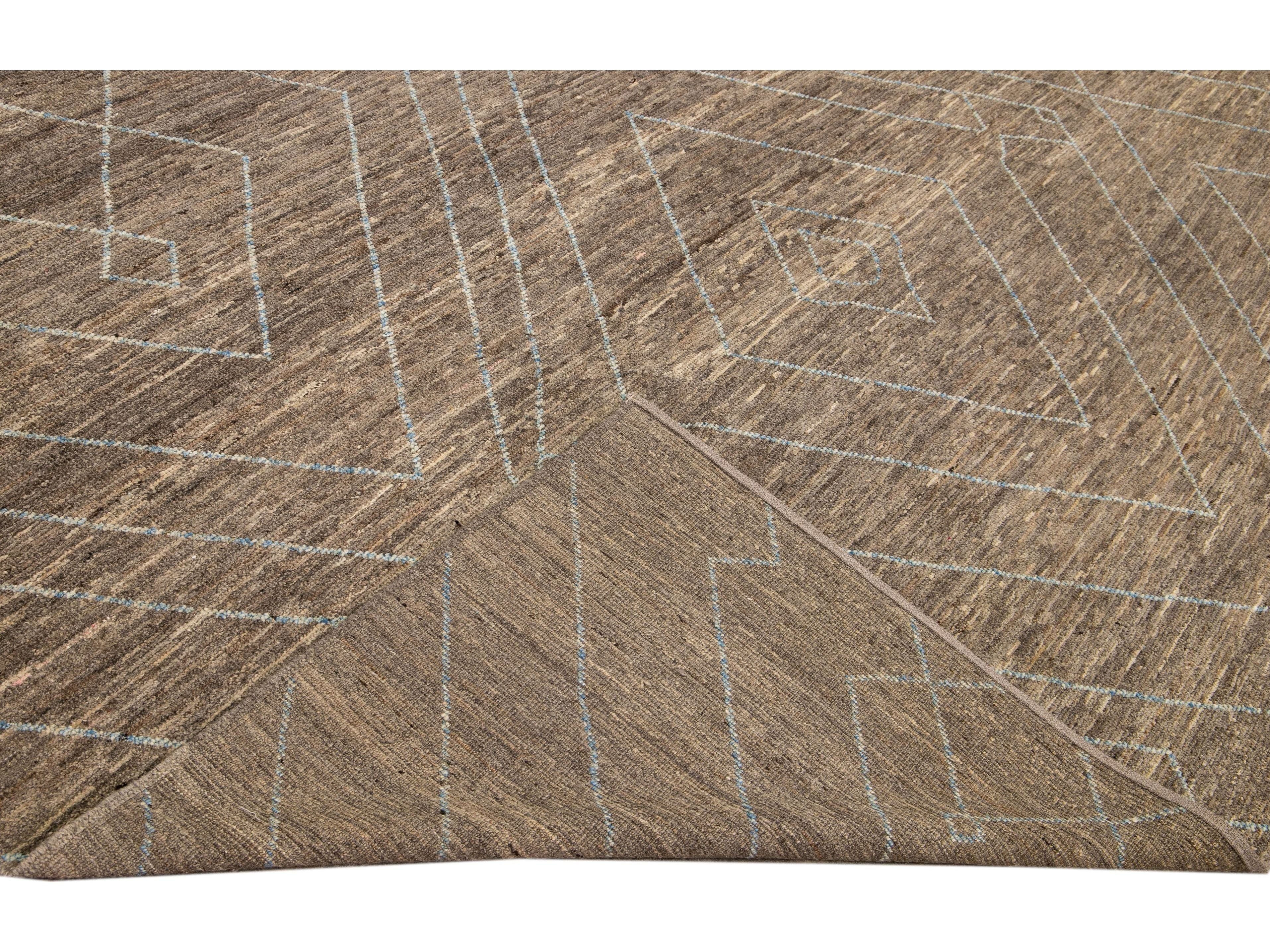 Modern Moroccan Style Handmade Geometric Pattern Brown Wool Rug