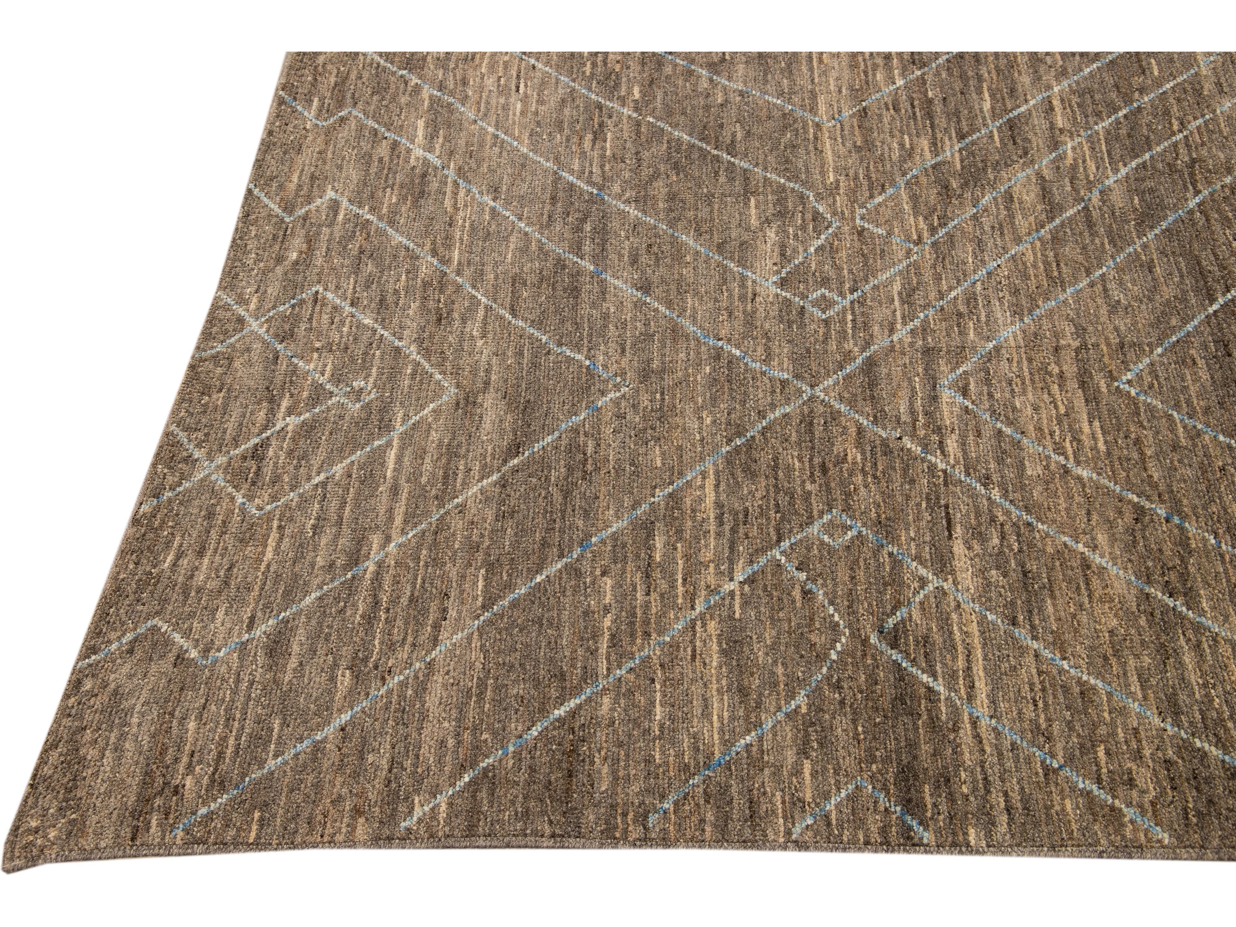 Modern Moroccan Style Handmade Geometric Pattern Brown Wool Rug