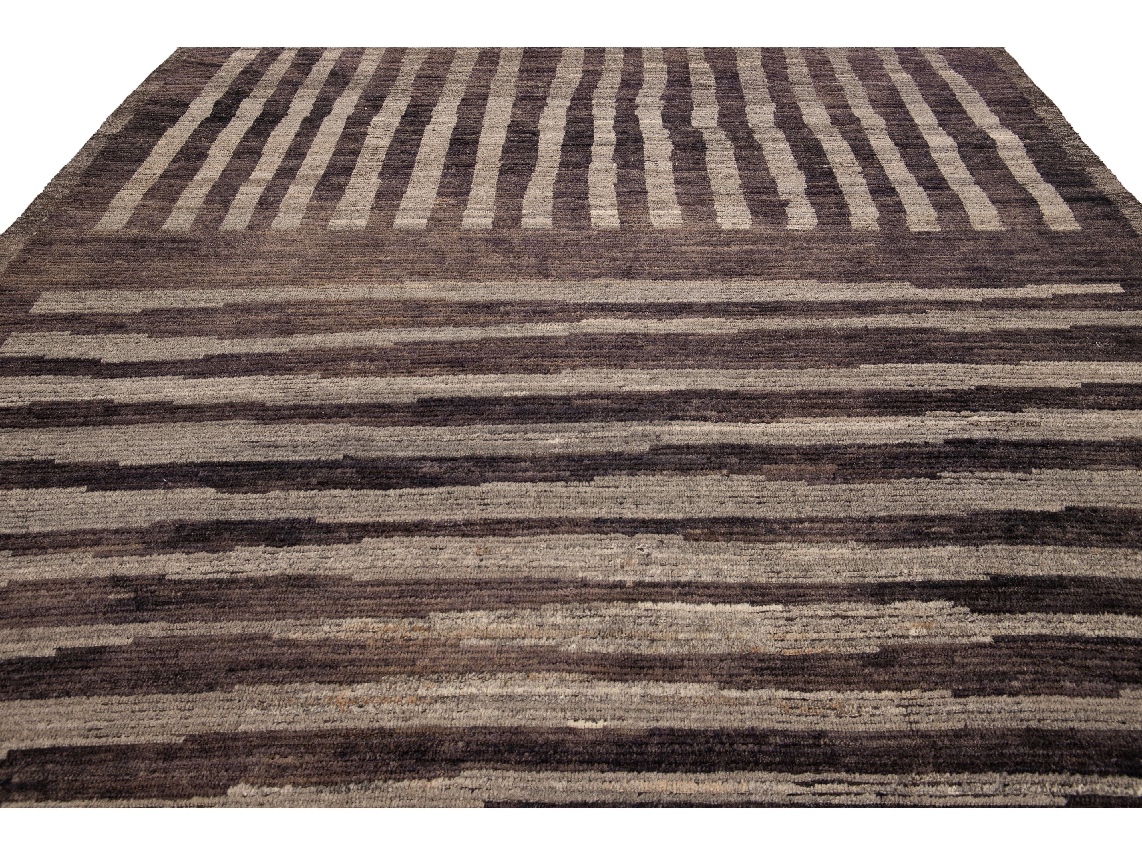 Modern Moroccan Style Brown Handmade Striped Motif Wool Rug