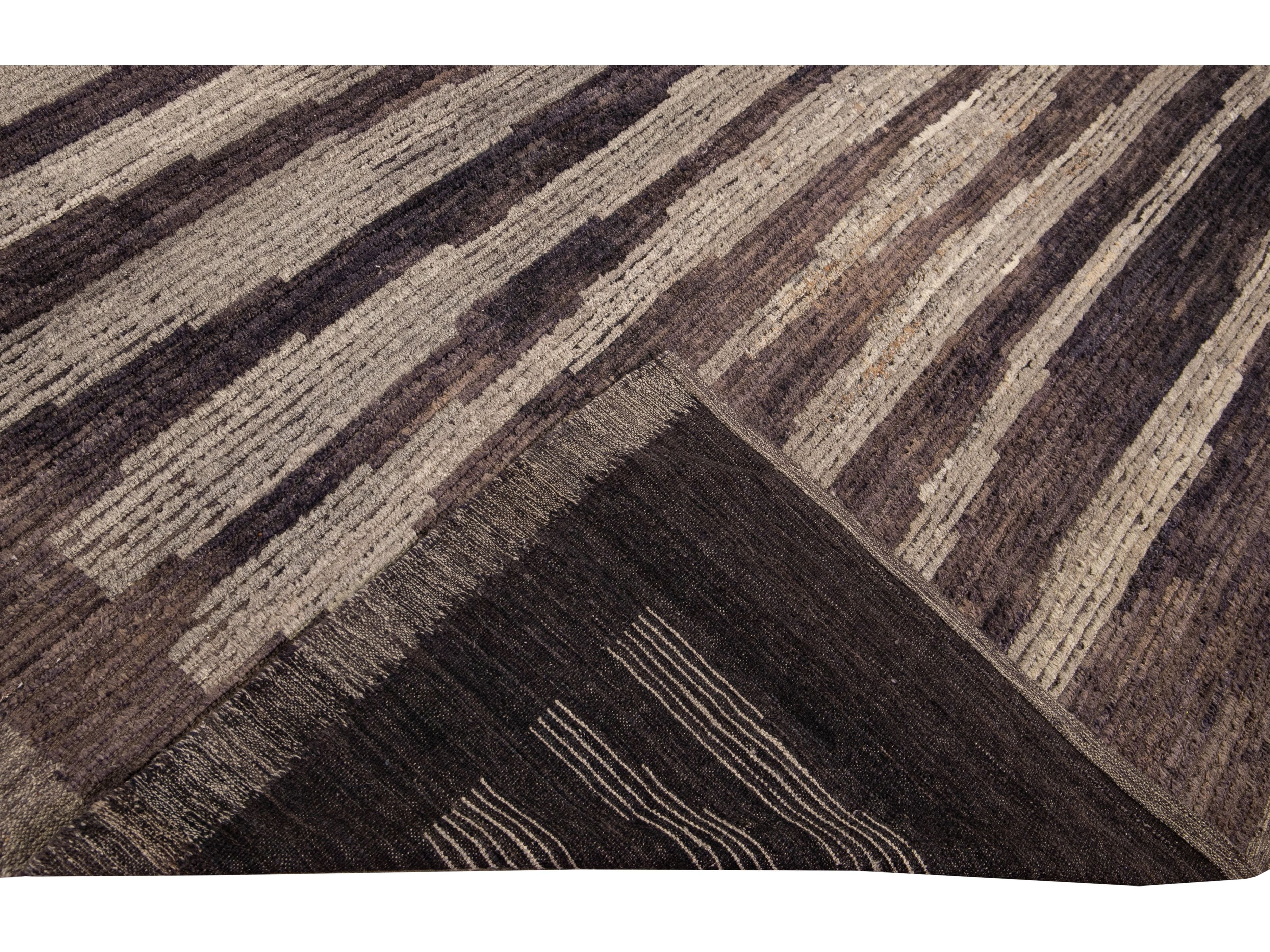 Modern Moroccan Style Brown Handmade Striped Motif Wool Rug