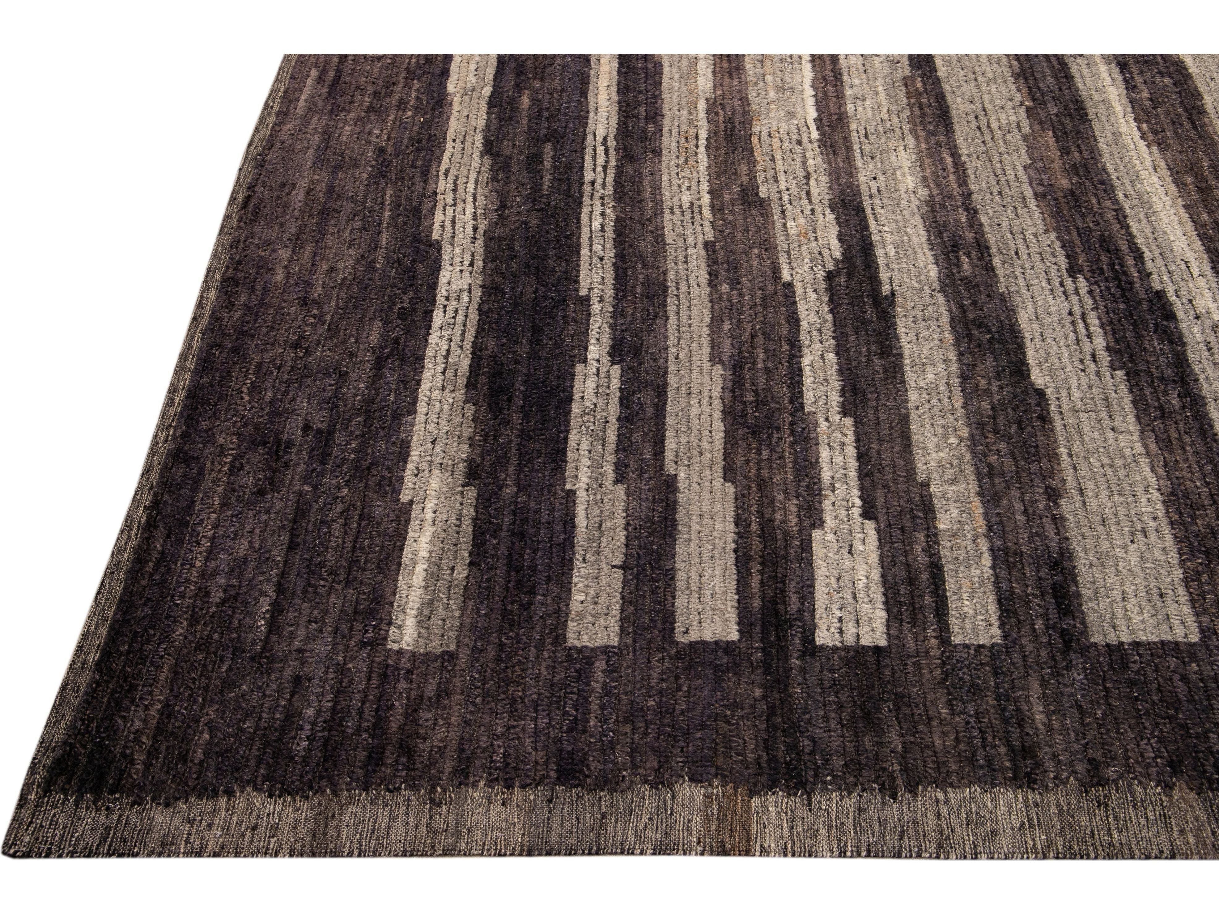 Modern Moroccan Style Brown Handmade Striped Motif Wool Rug