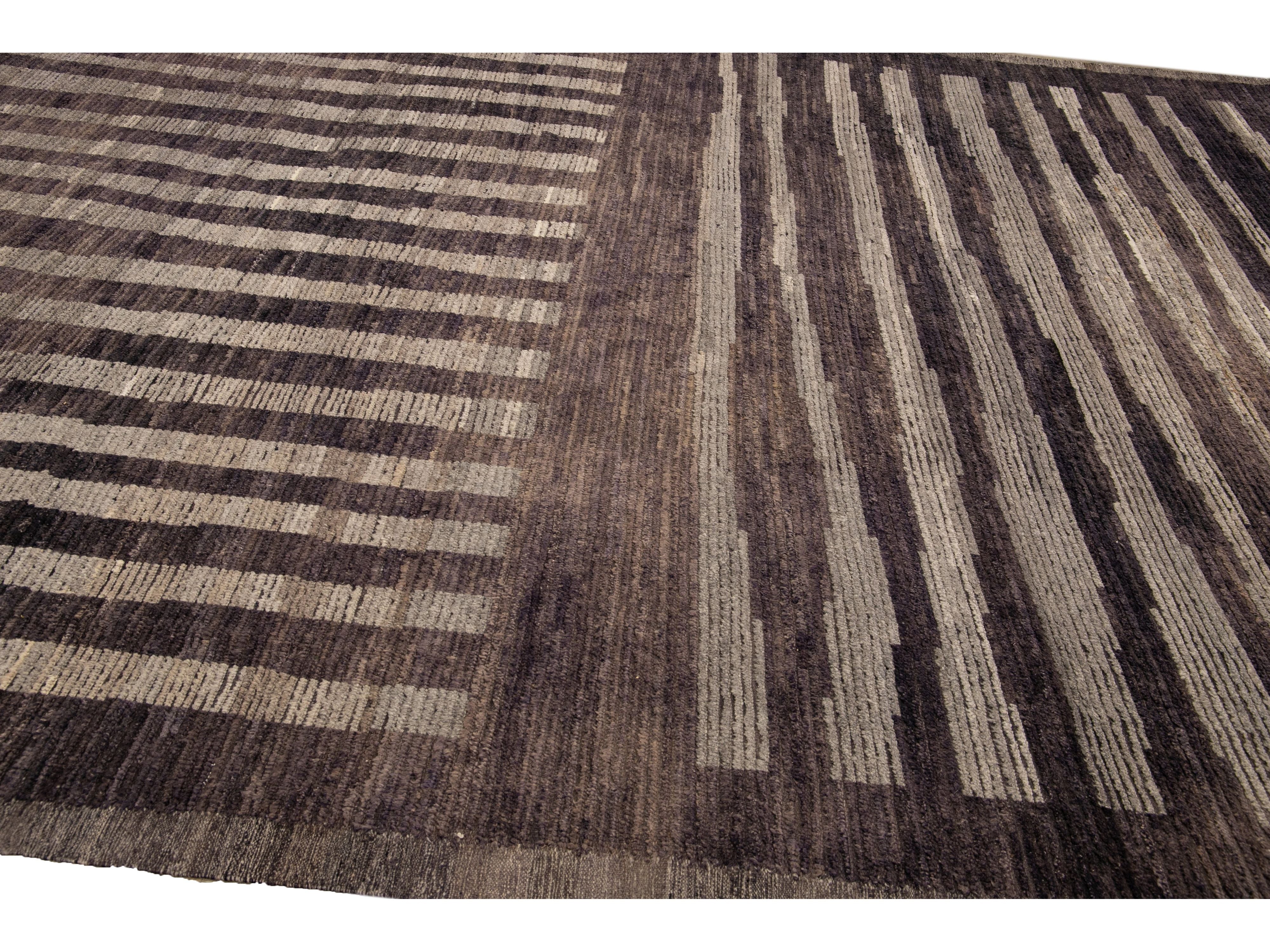 Modern Moroccan Style Brown Handmade Striped Motif Wool Rug