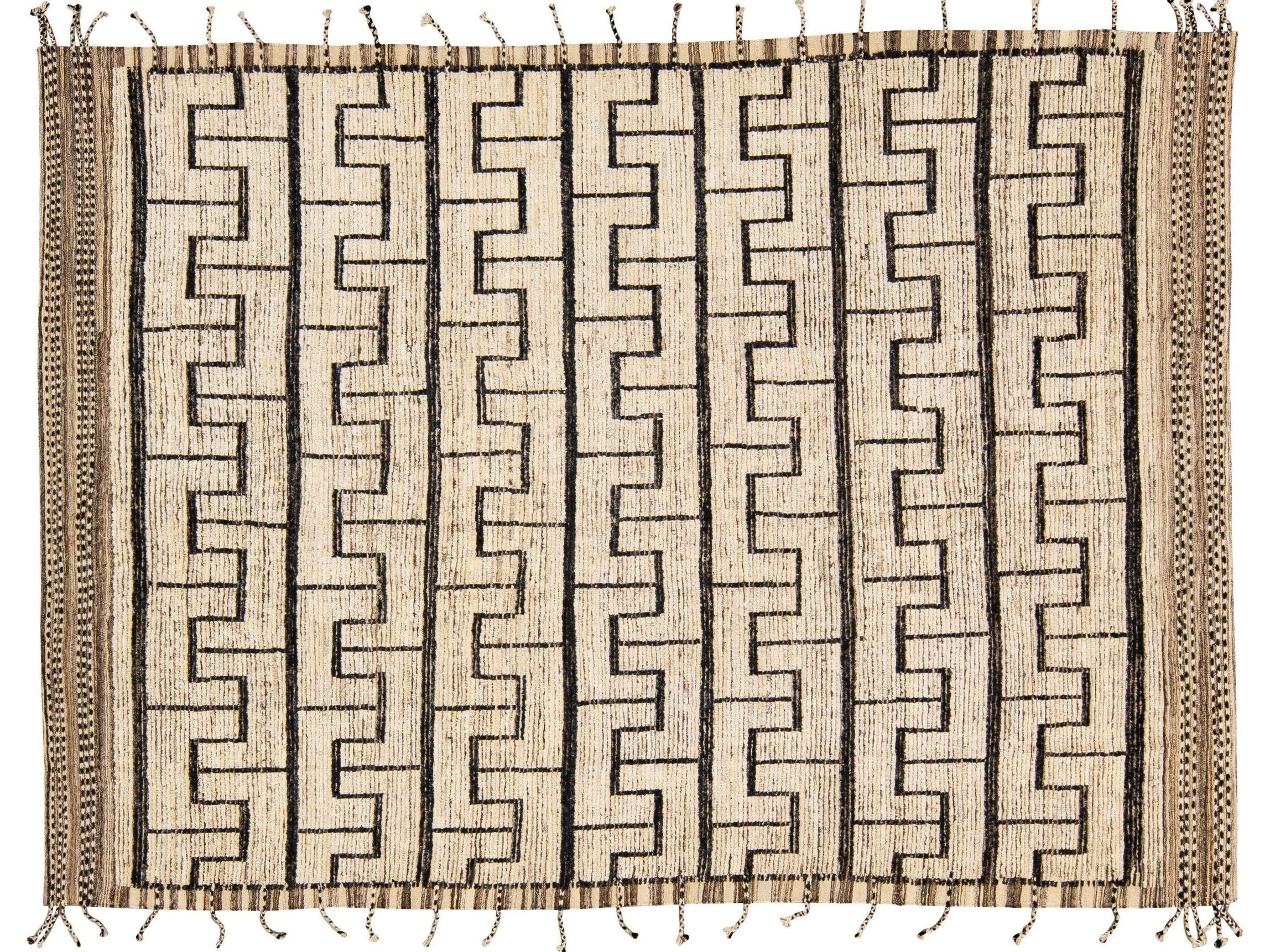 Beige Modern Moroccan Style Handmade Black Boho Pattern Wool Rug
