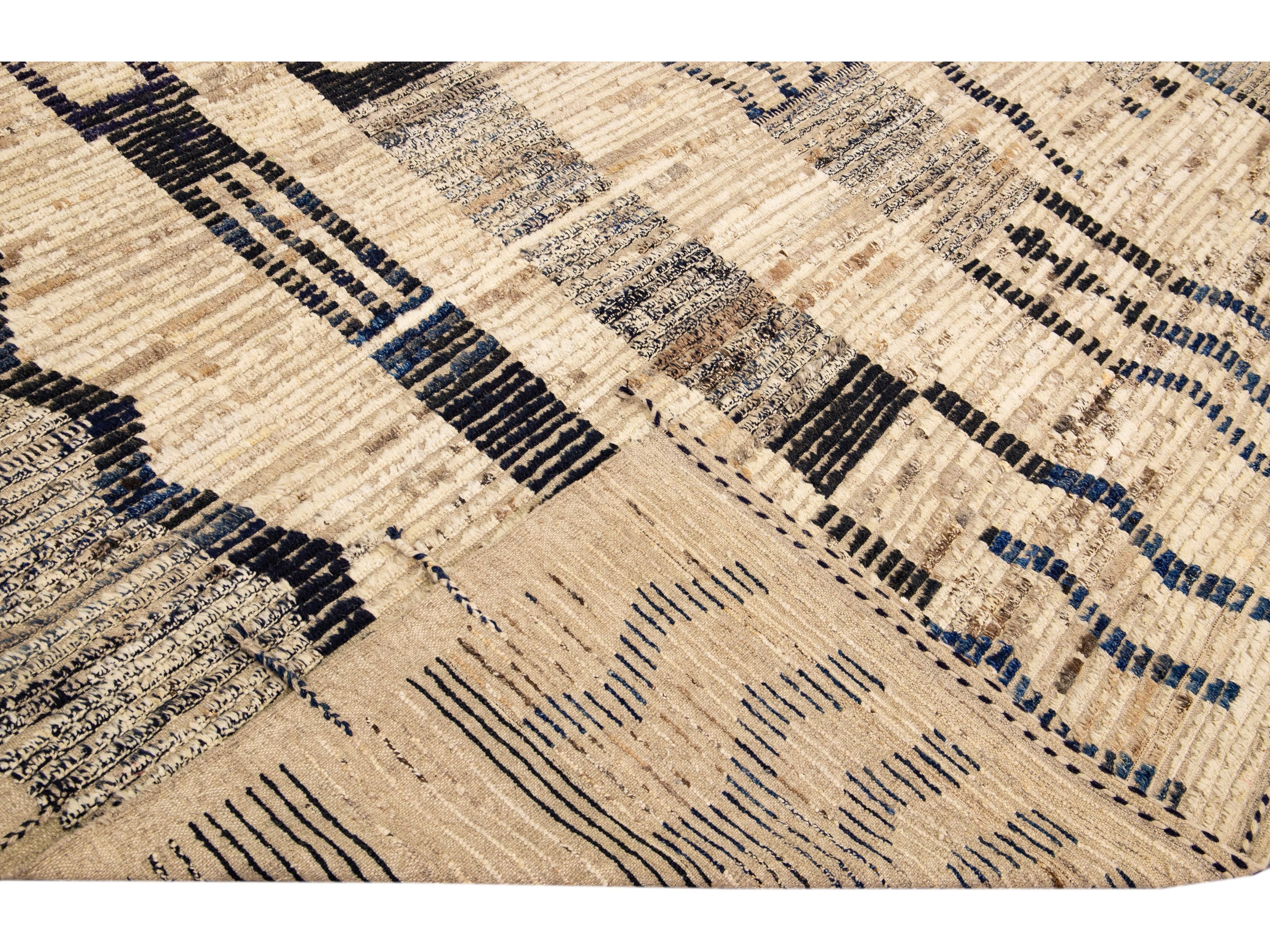 Modern Boho Beige Moroccan Style Handmade Tribal Pattern Square Wool Rug