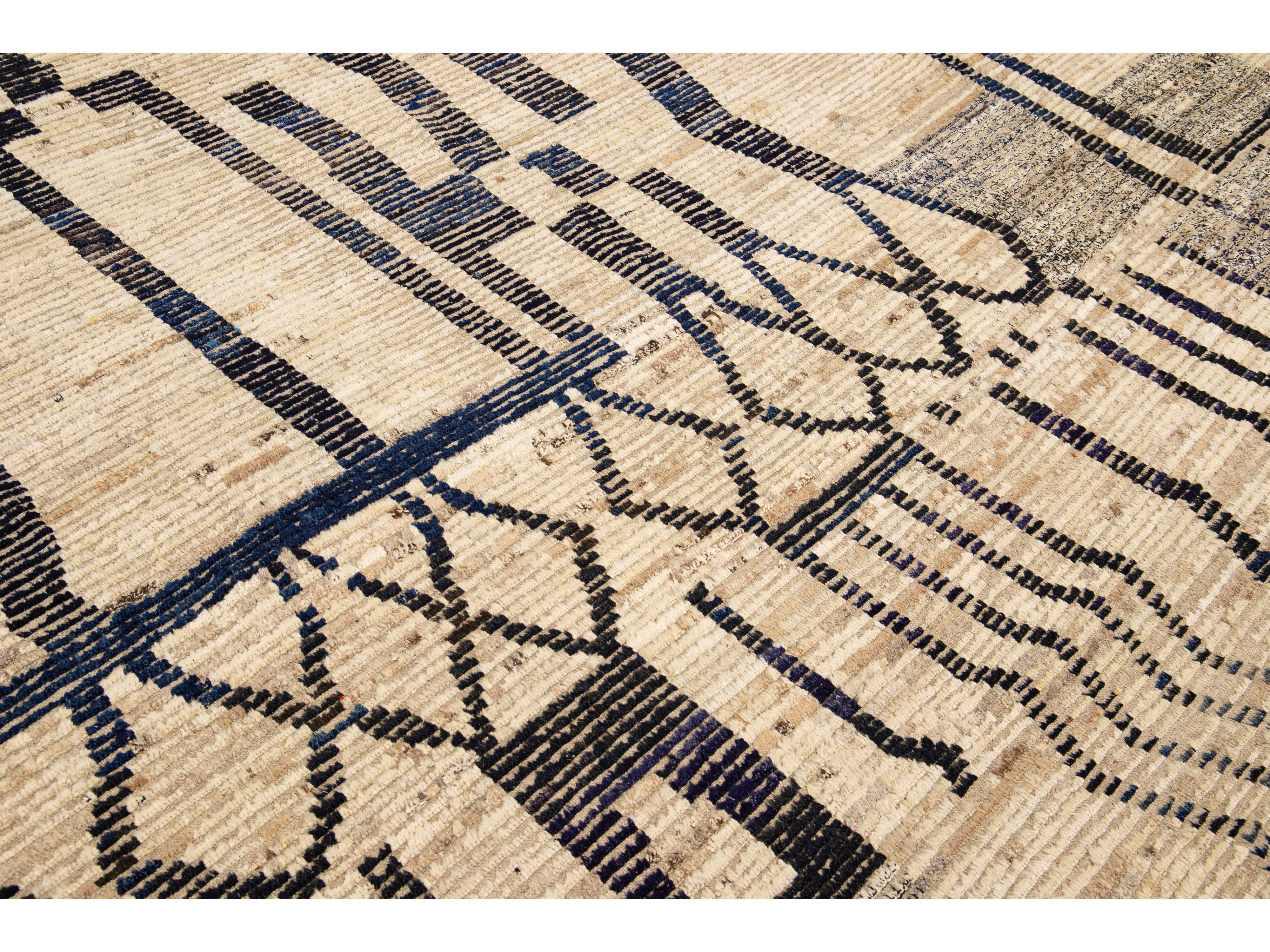 Modern Boho Beige Moroccan Style Handmade Tribal Pattern Square Wool Rug