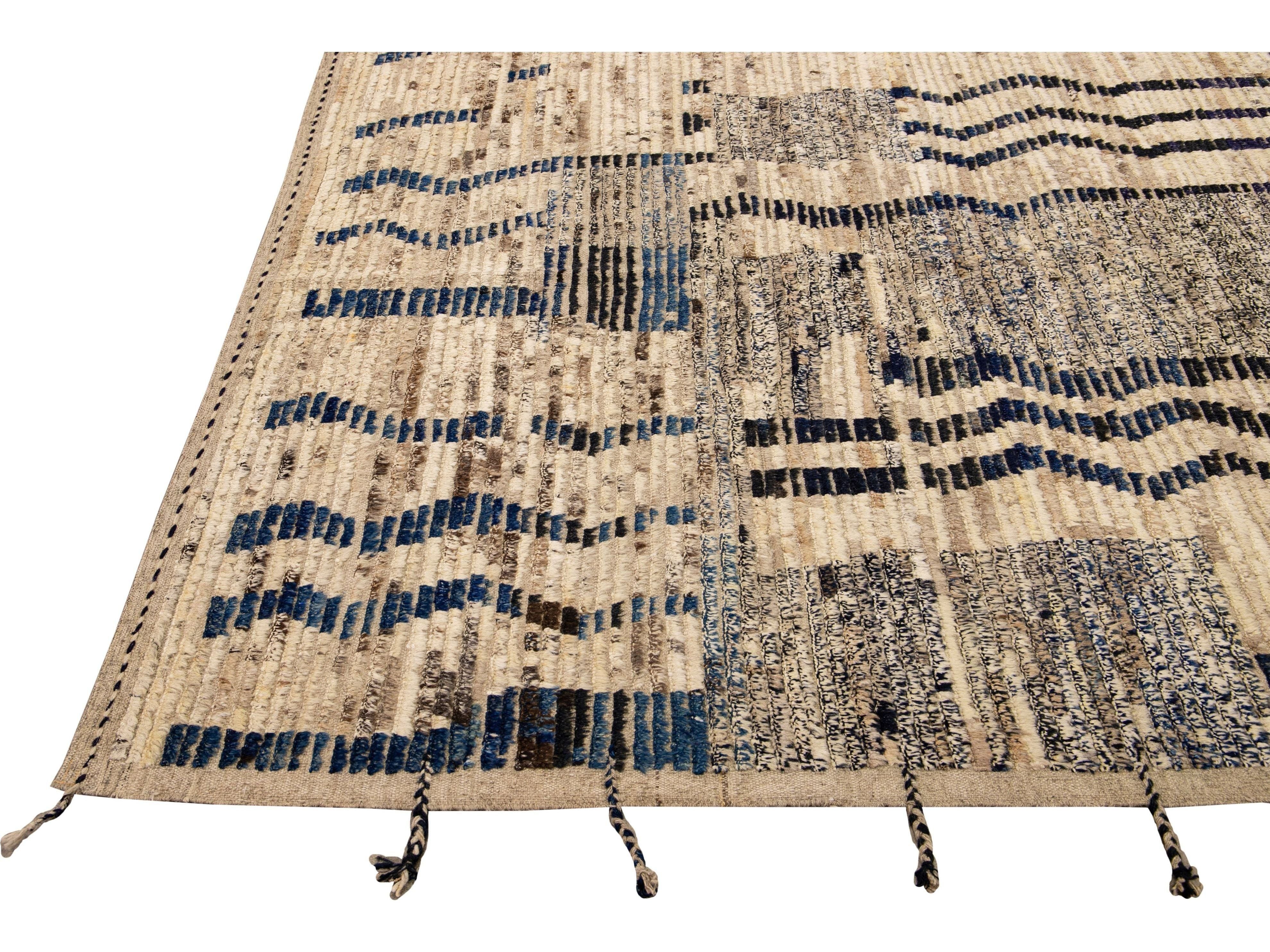 Modern Boho Beige Moroccan Style Handmade Tribal Pattern Square Wool Rug