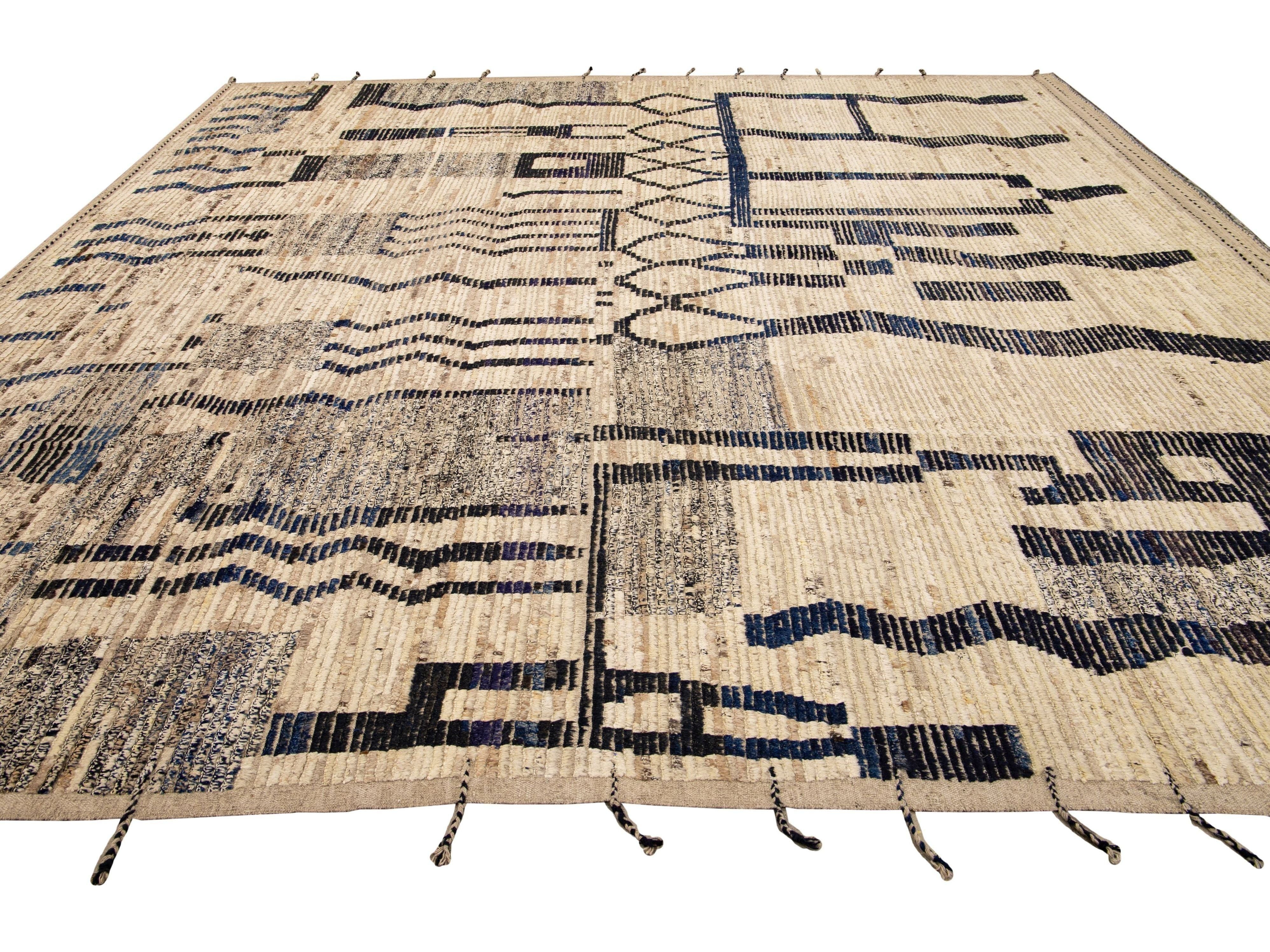 Modern Boho Beige Moroccan Style Handmade Tribal Pattern Square Wool Rug