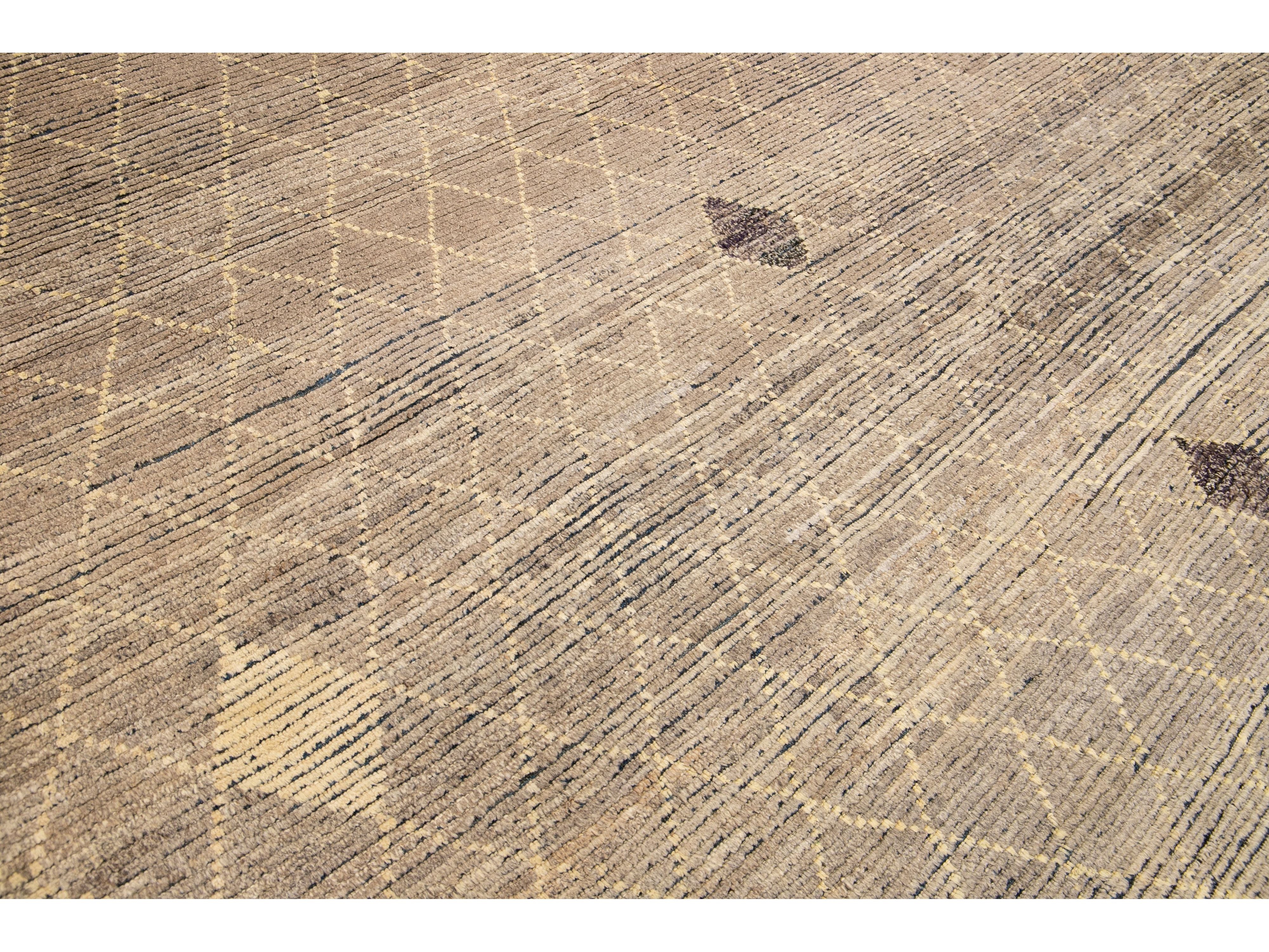 Modern Brown Moroccan Style Handmade Diamond Pattern Oversize Wool Rug