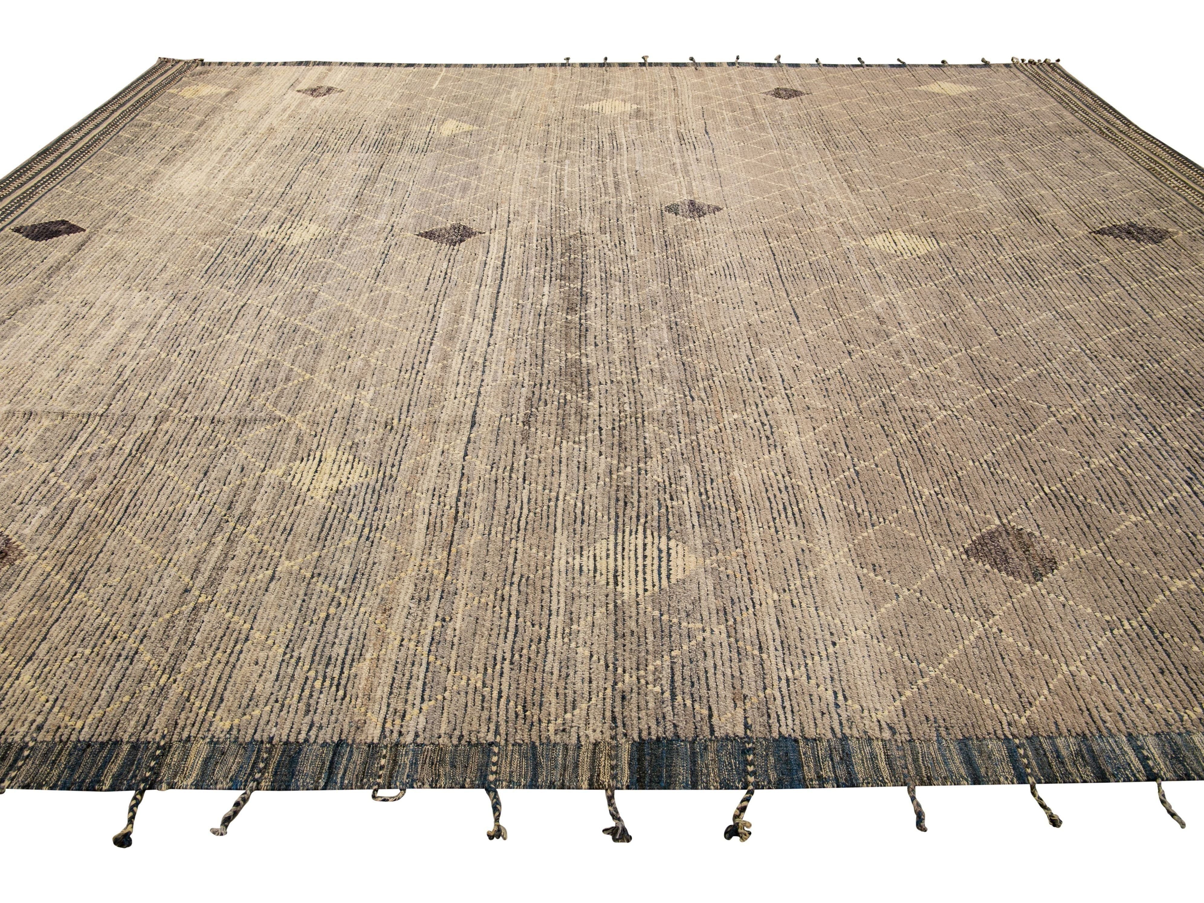 Modern Brown Moroccan Style Handmade Diamond Pattern Oversize Wool Rug