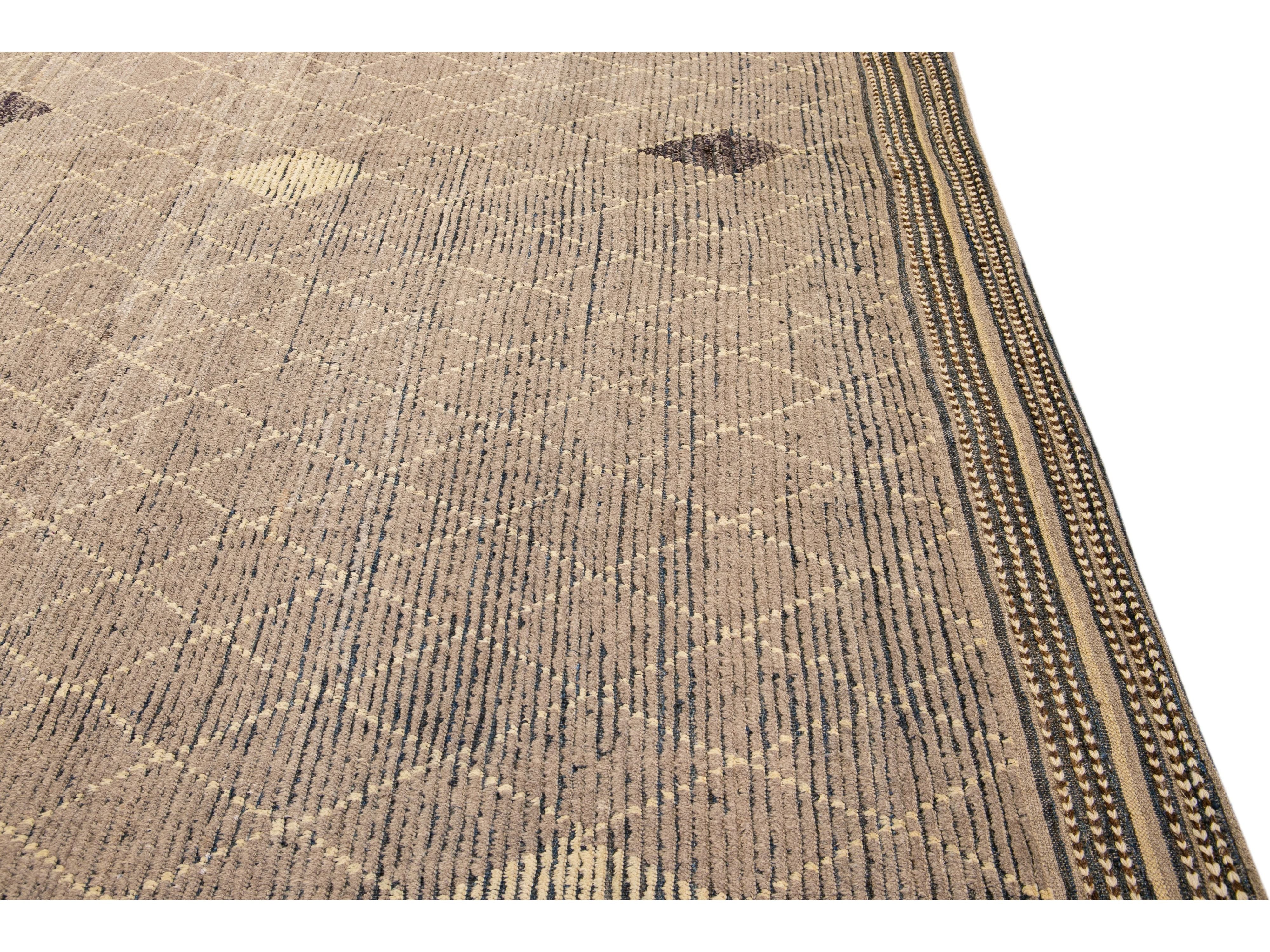 Modern Brown Moroccan Style Handmade Diamond Pattern Oversize Wool Rug
