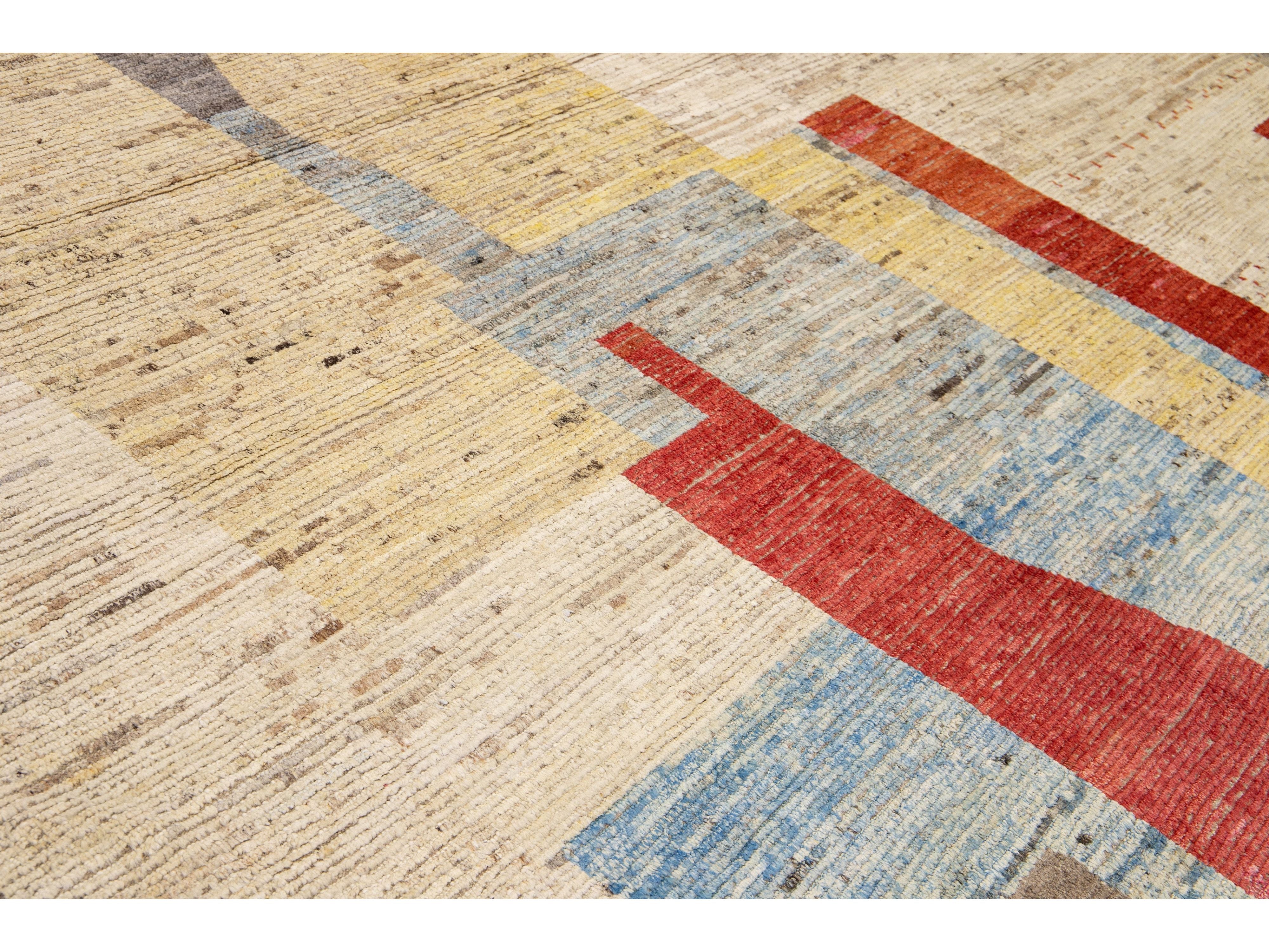 Modern Moroccan Style Handmade Multicolor Abstract Motif Boho Oversize Wool Rug