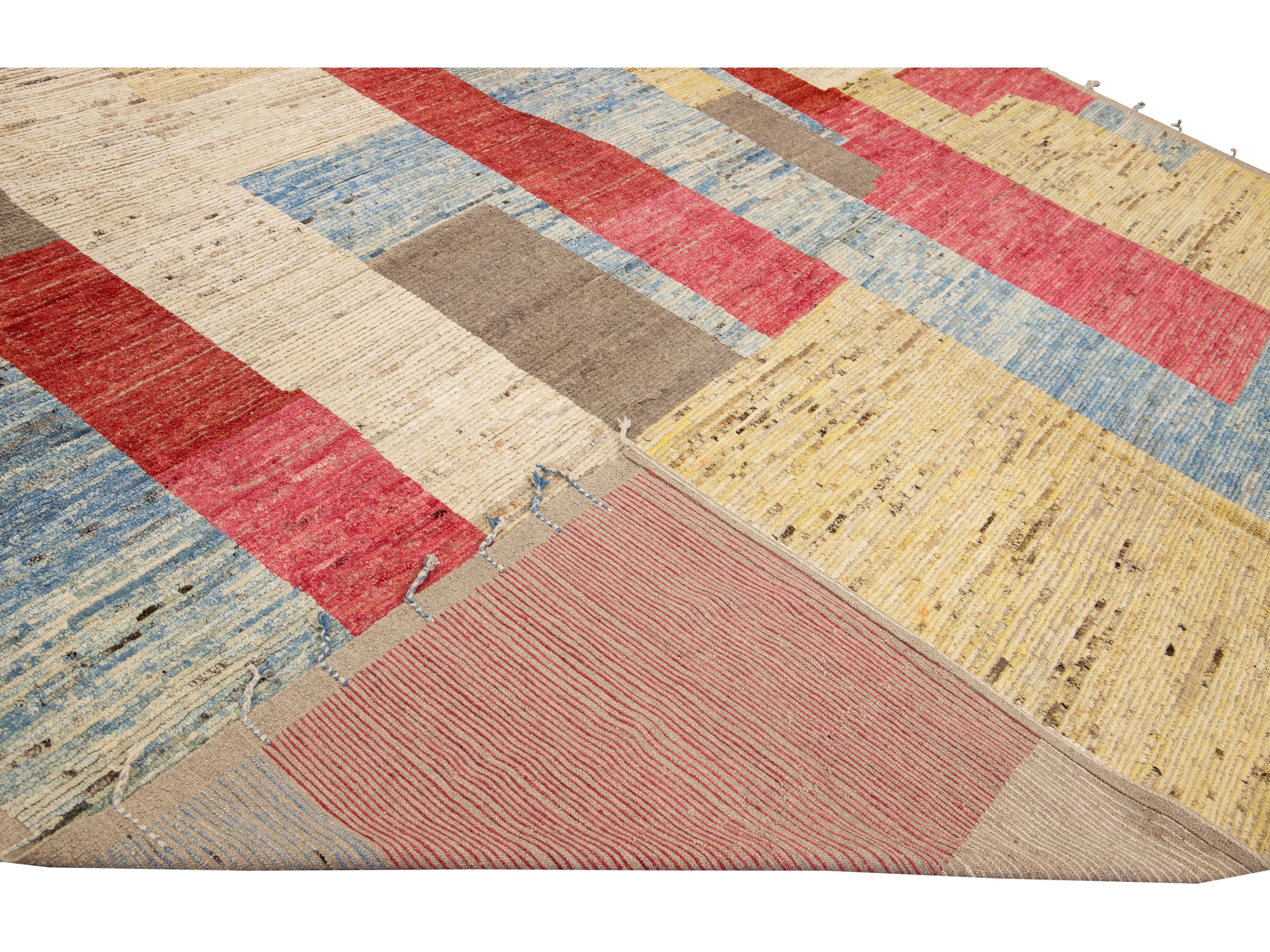 Modern Moroccan Style Handmade Multicolor Abstract Motif Boho Oversize Wool Rug