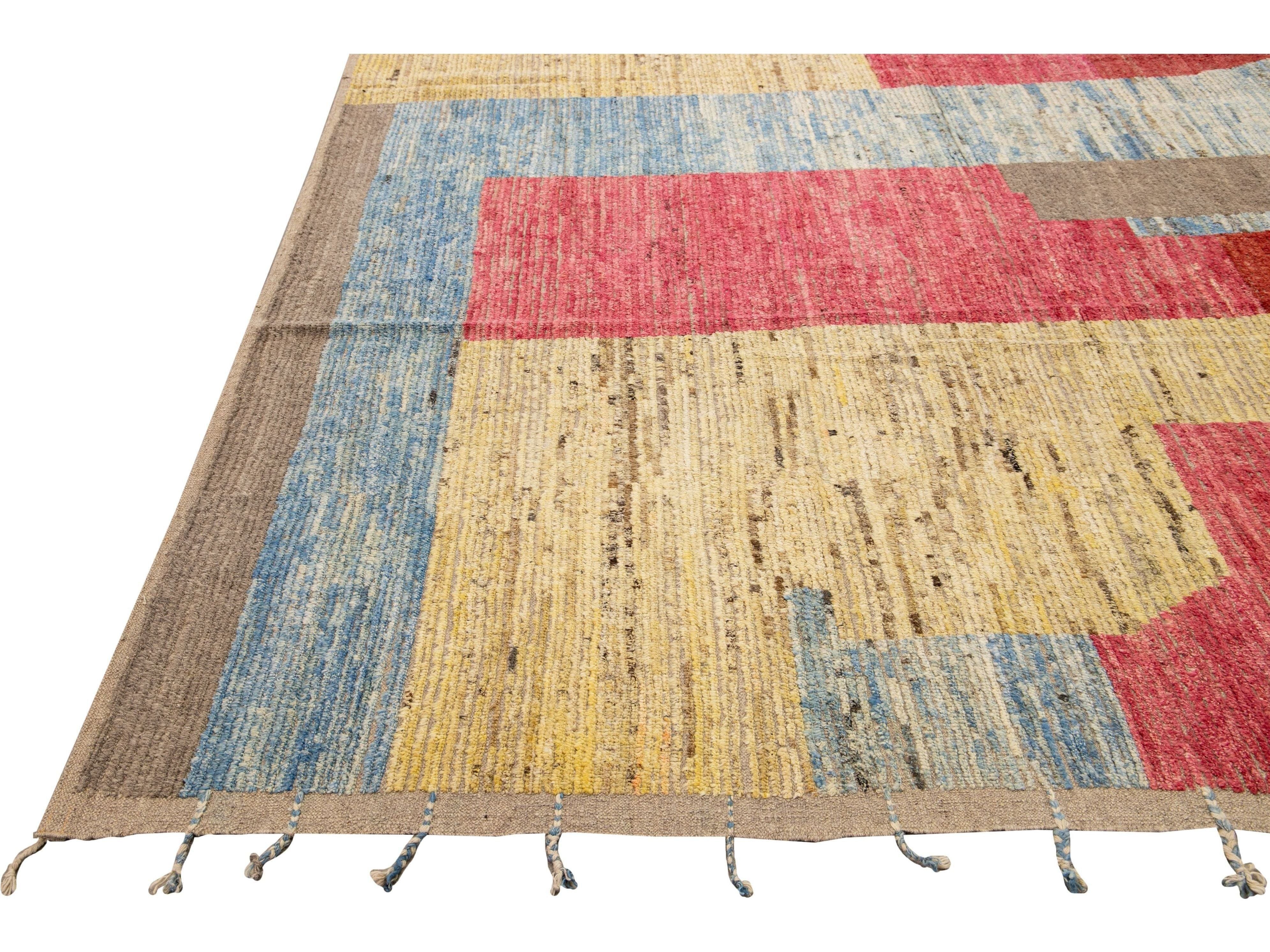 Modern Moroccan Style Handmade Multicolor Abstract Motif Boho Oversize Wool Rug